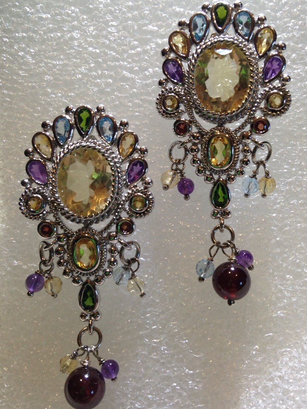 Vintage Citrine Garnet Filigree 925 Sterling Silver Dangle Chandelier Earrings