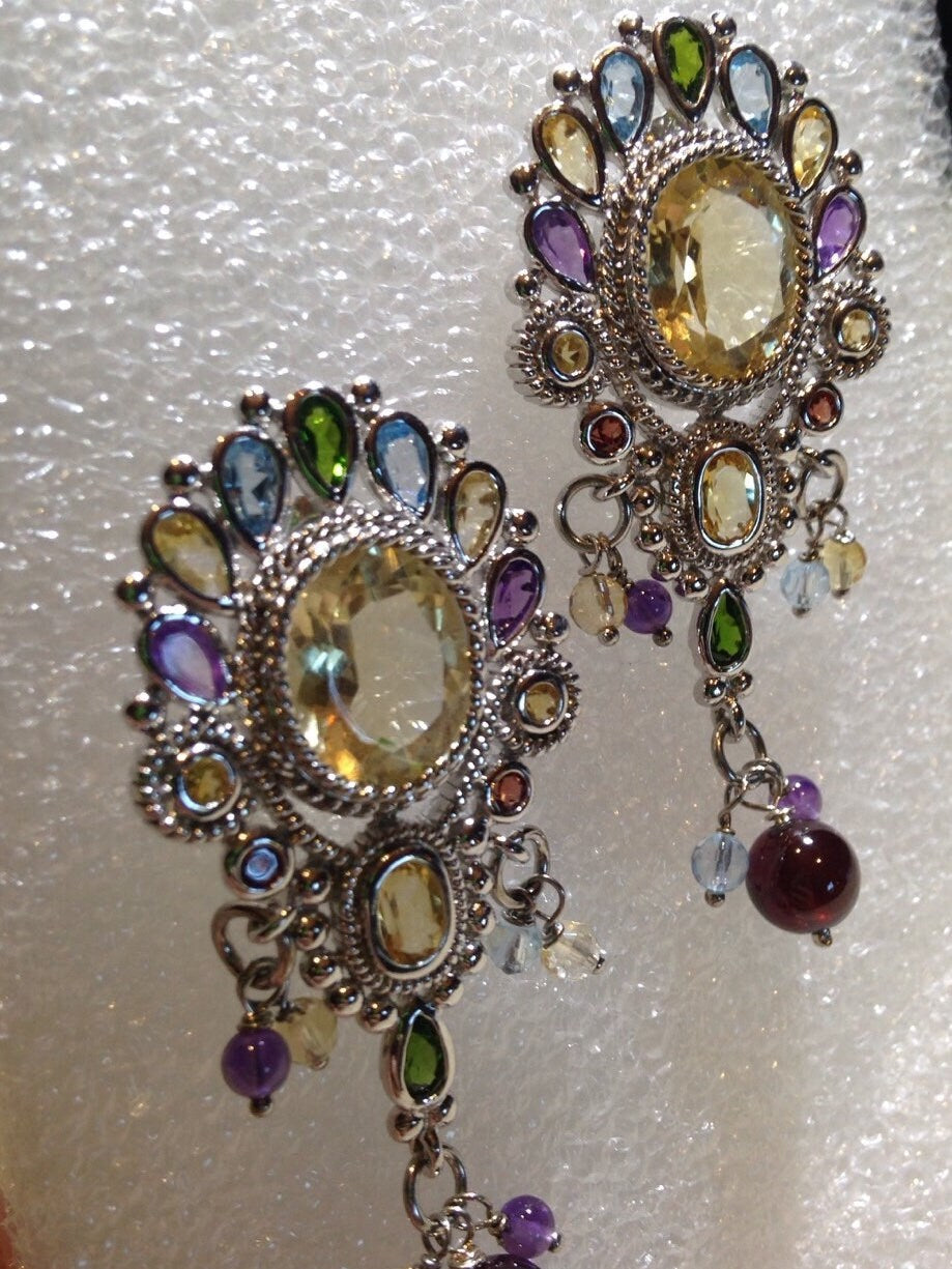 Vintage Citrine Garnet Filigree 925 Sterling Silver Dangle Chandelier Earrings