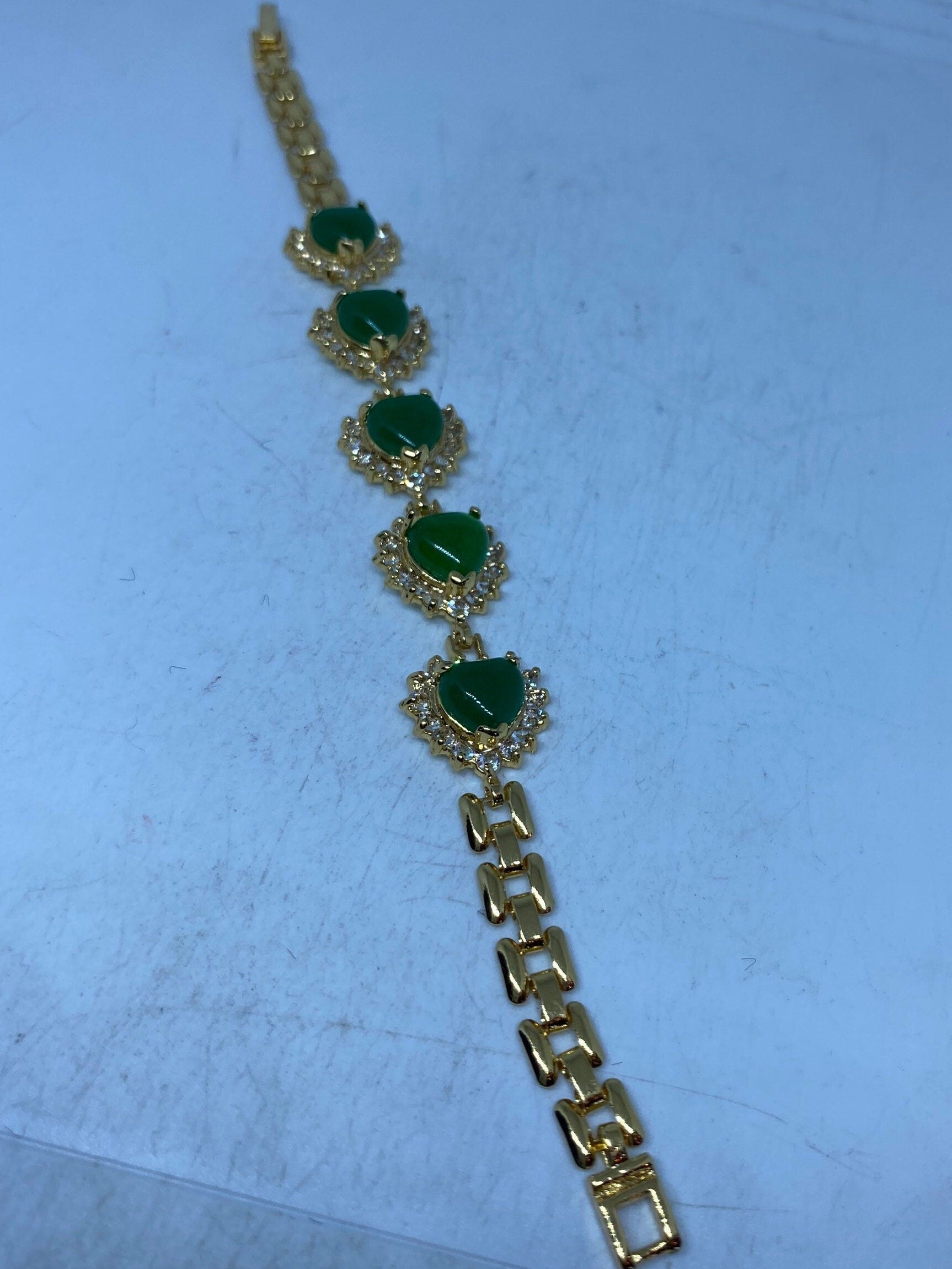 Vintage Green Jade Heart Bracelet Golden White Bronze