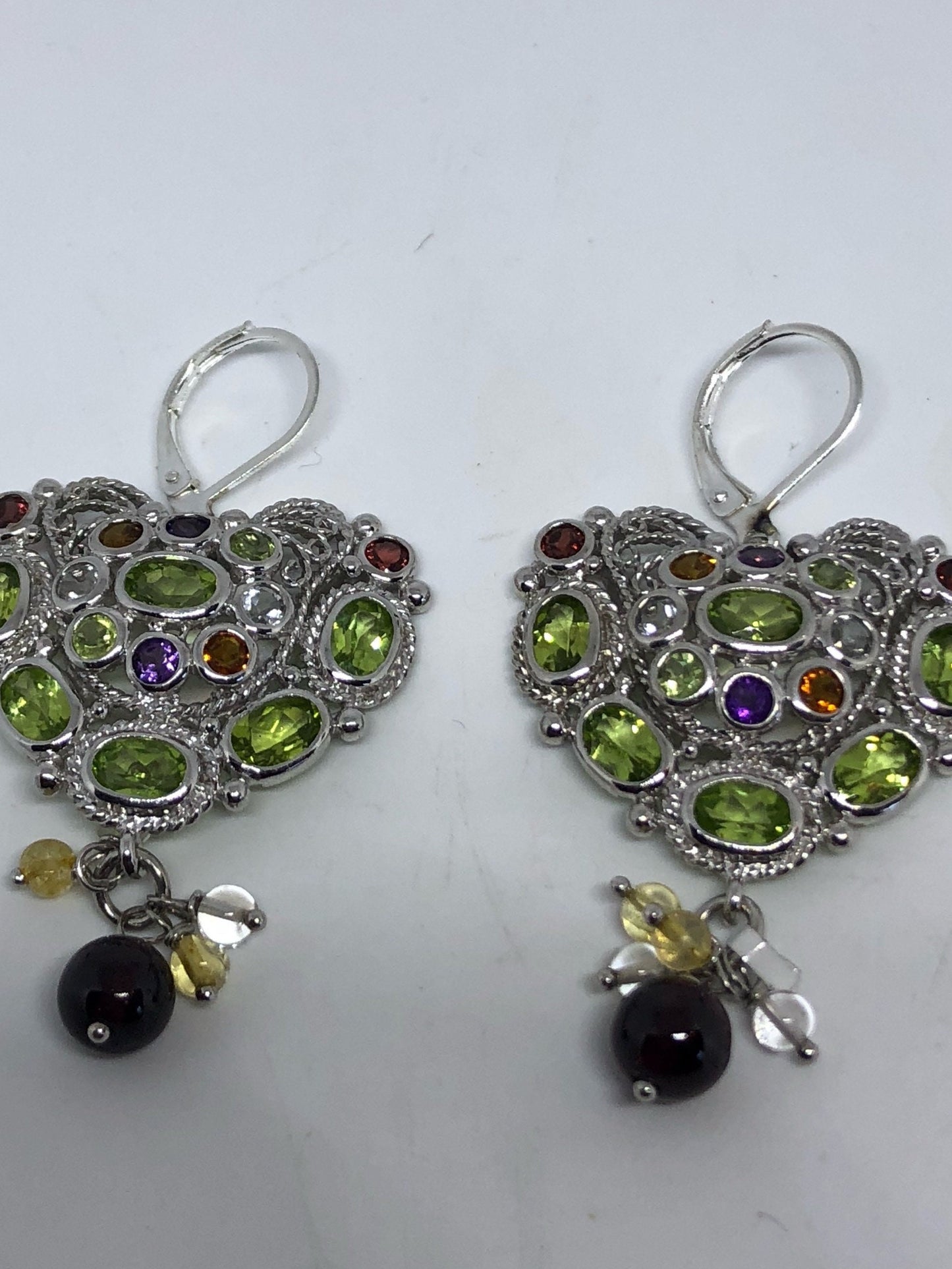 Vintage 925 Sterling Silver Genuine Green Peridot and Mixed Gemstone Heart Earrings