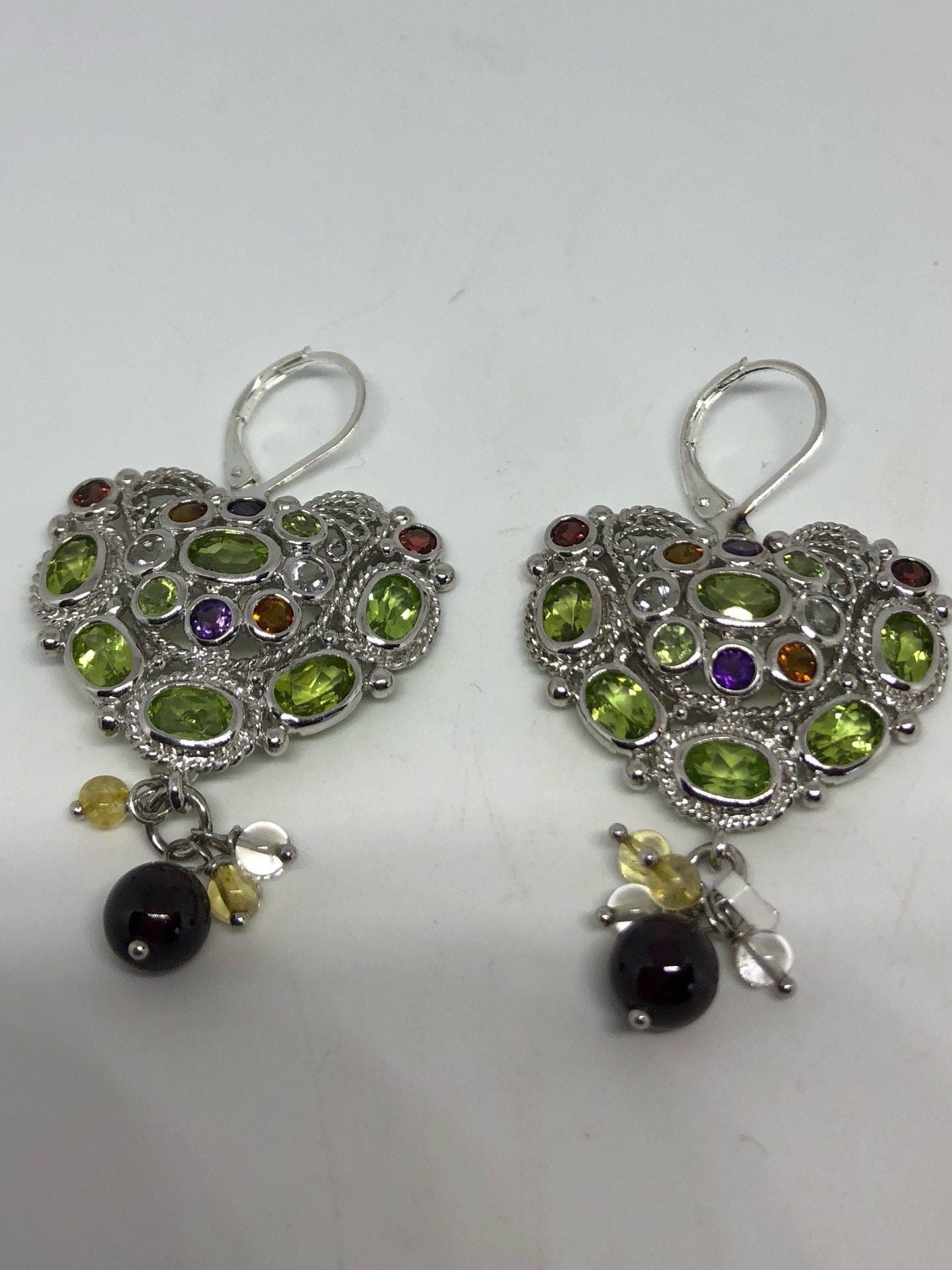 Vintage 925 Sterling Silver Genuine Green Peridot and Mixed Gemstone Heart Earrings