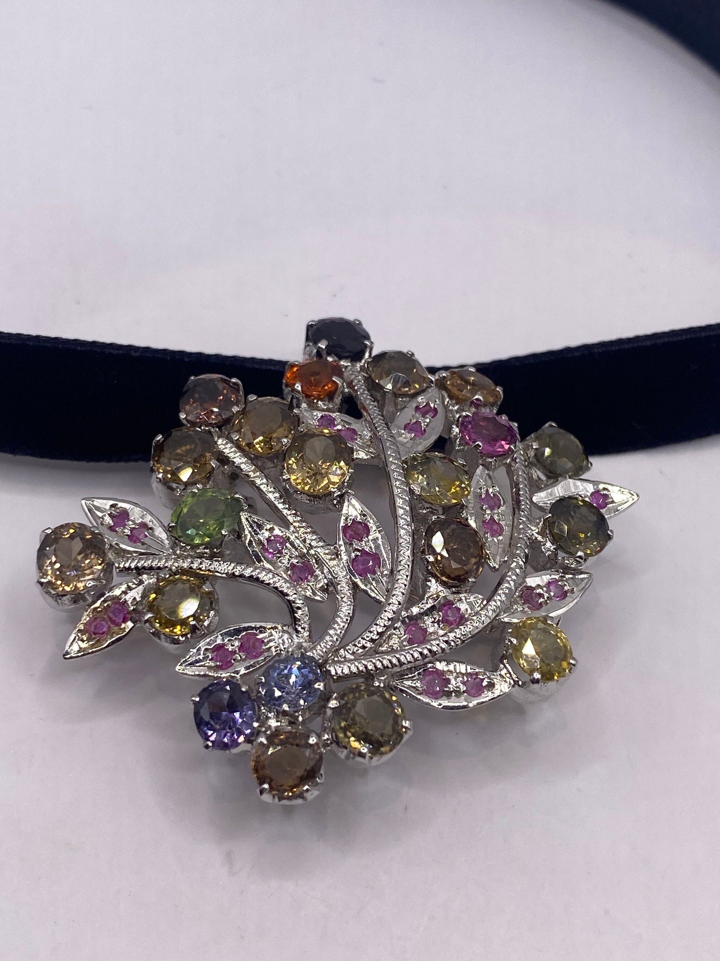 Vintage Genuine Mixed Tourmaline 925 Sterling Silver Choker Brooch