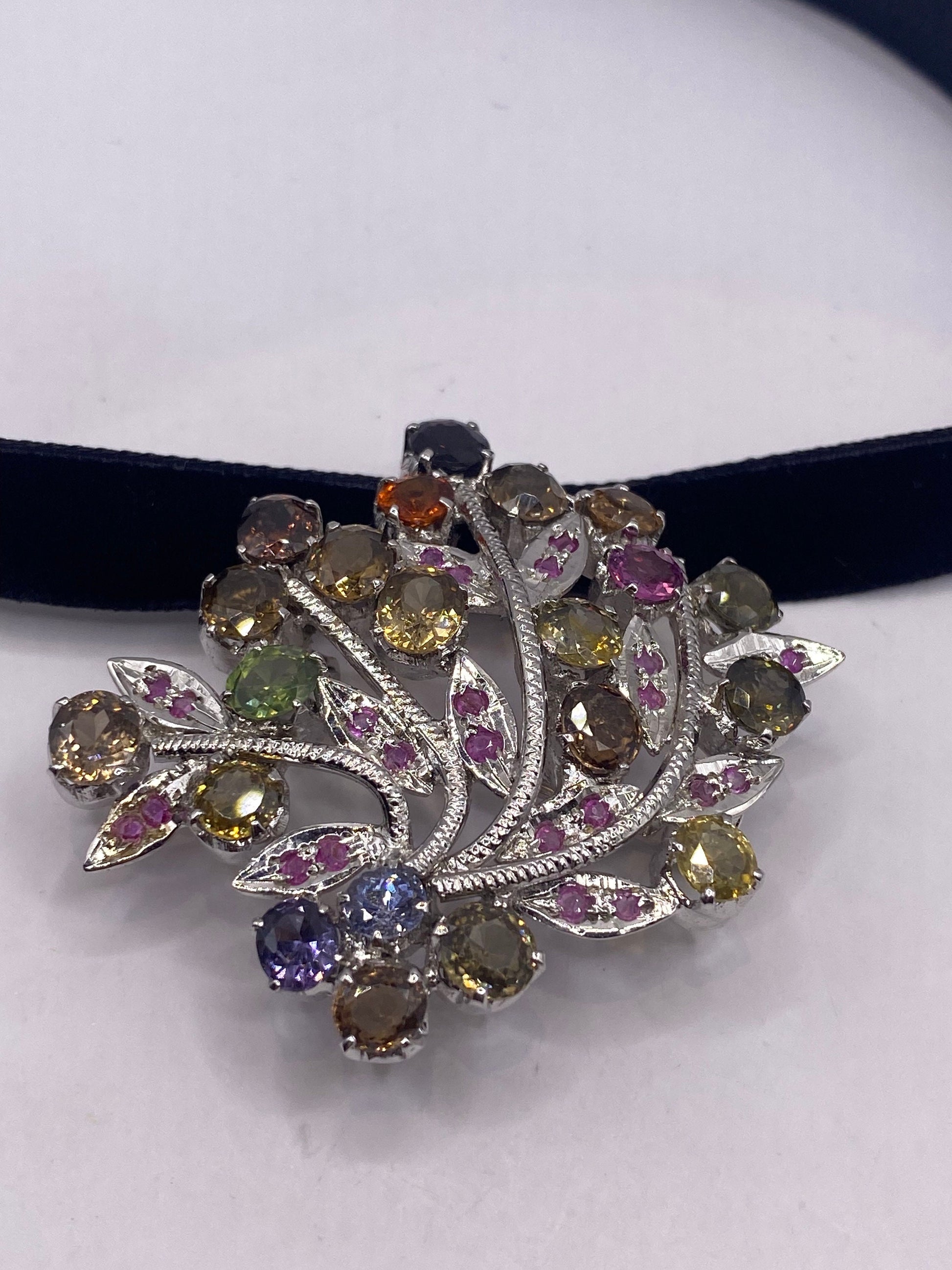 Vintage Genuine Mixed Tourmaline 925 Sterling Silver Choker Brooch