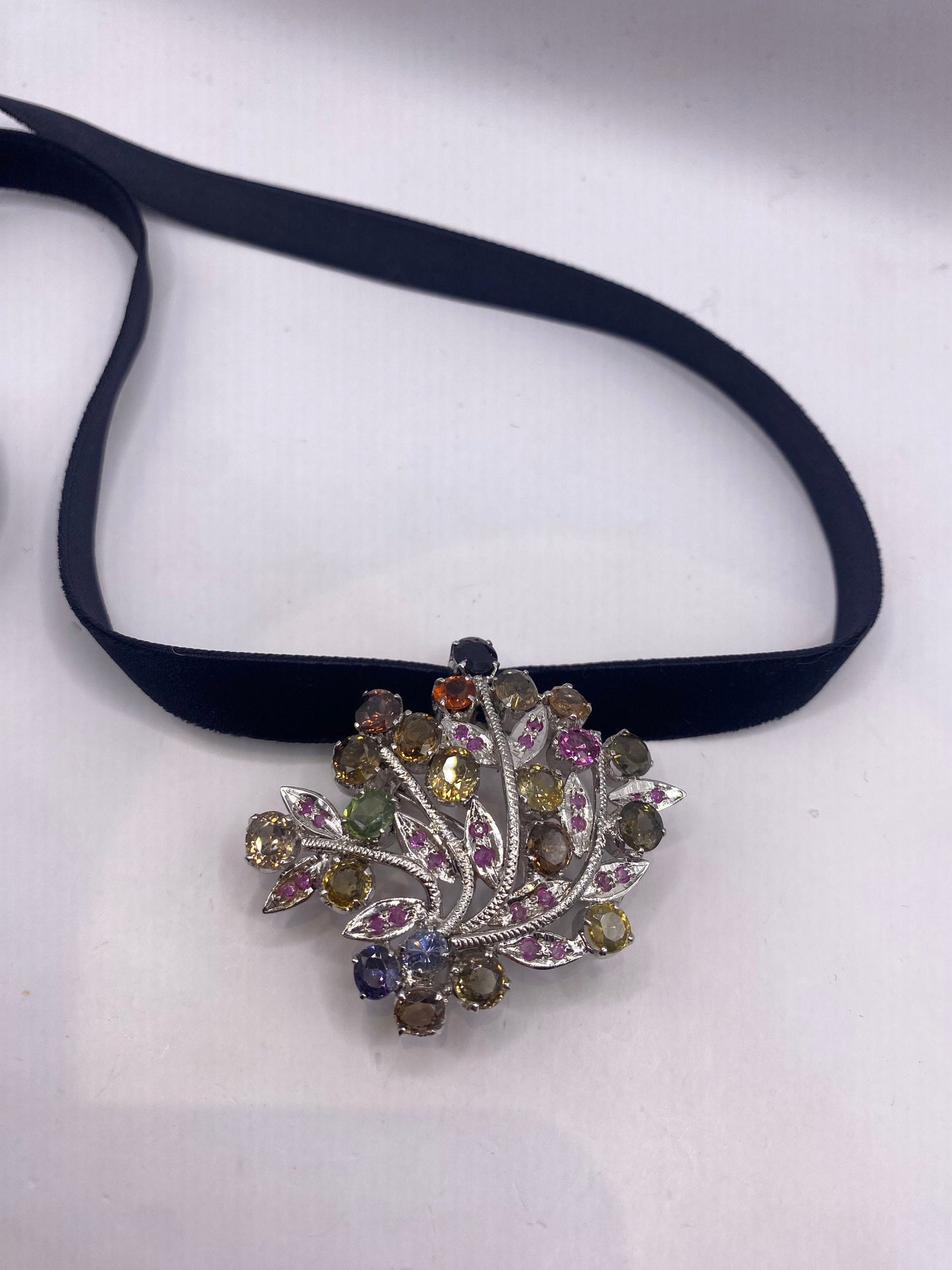 Vintage Genuine Mixed Tourmaline 925 Sterling Silver Choker Brooch