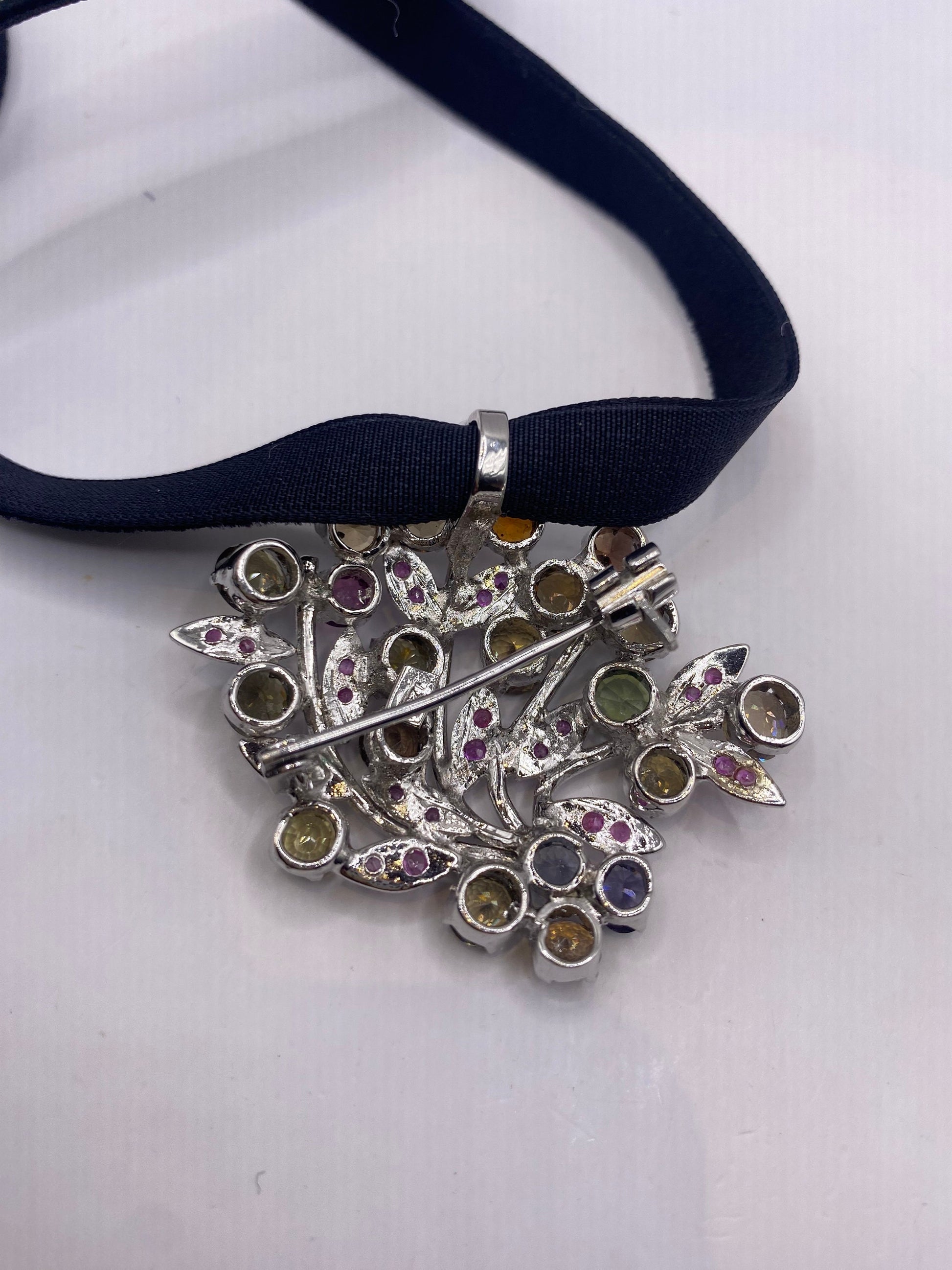 Vintage Genuine Mixed Tourmaline 925 Sterling Silver Choker Brooch