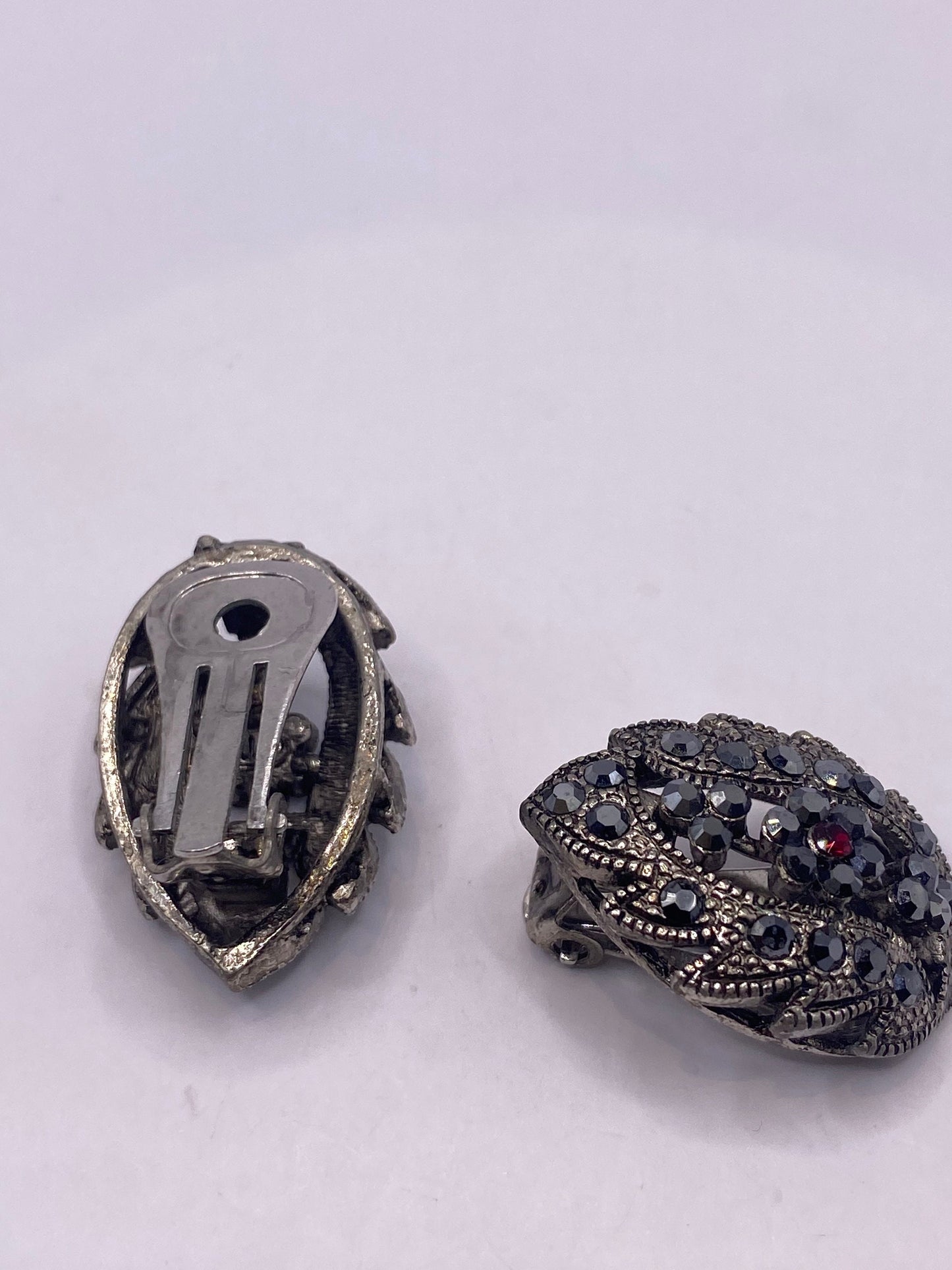 Vintage Black Onyx and Jet Silver Clip On Button Earrings