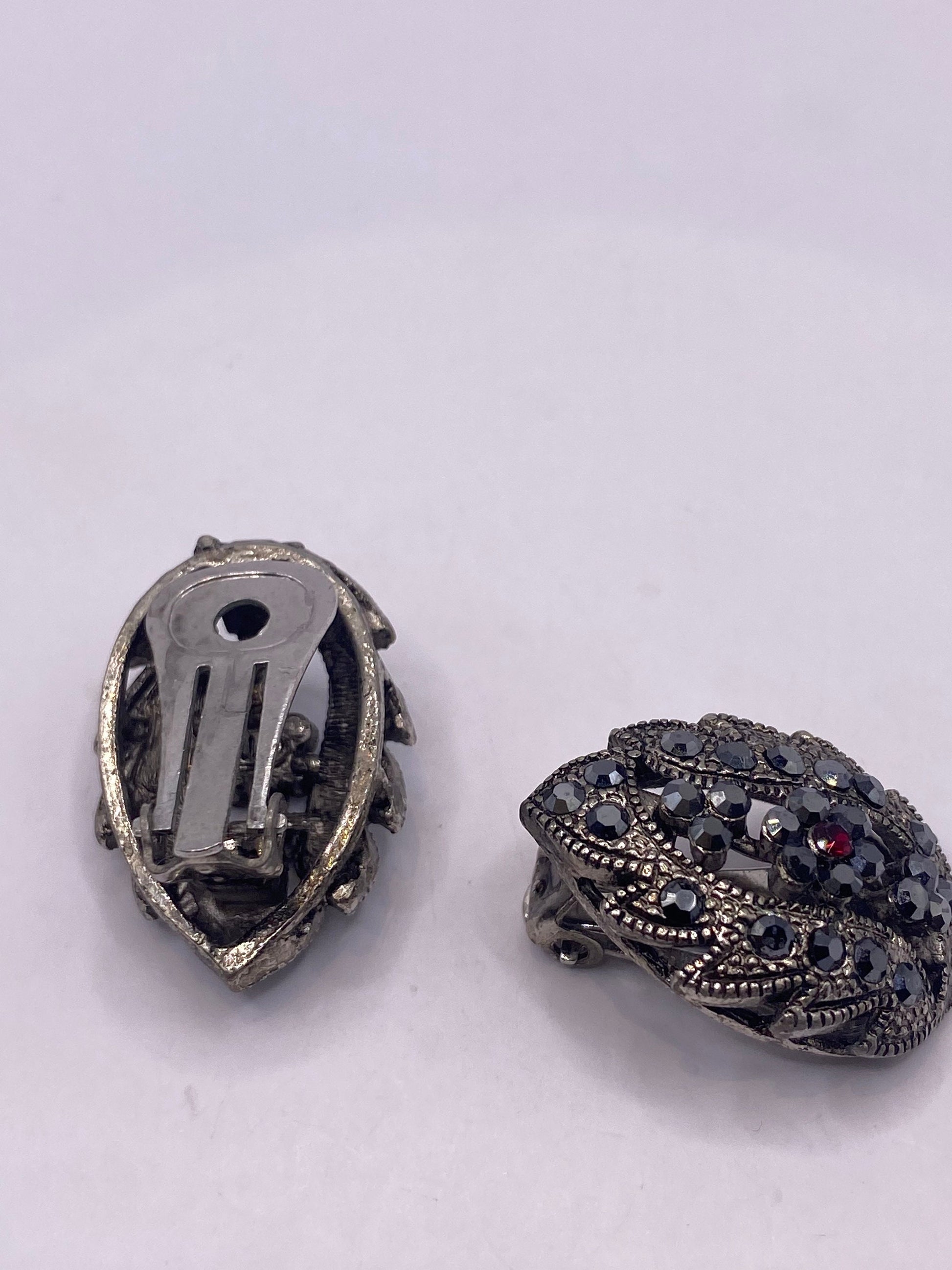 Vintage Black Onyx and Jet Silver Clip On Button Earrings
