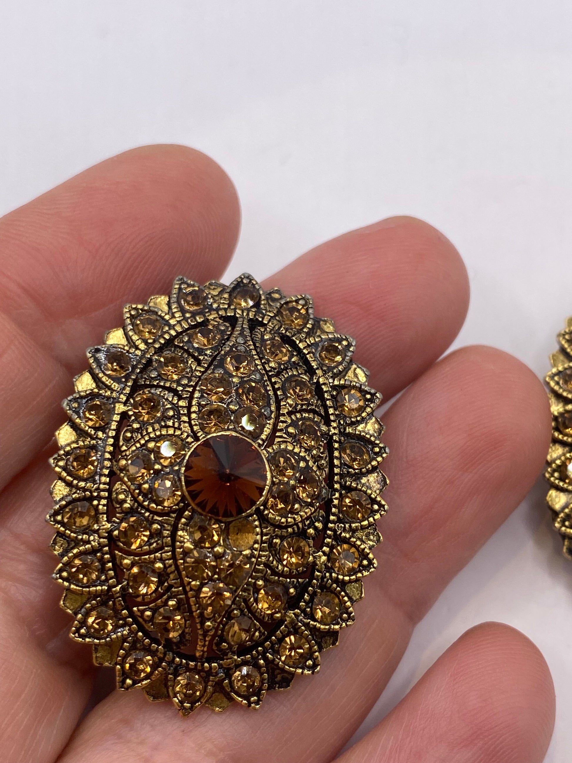 Vintage Gold Crystal Clip On Button Earrings
