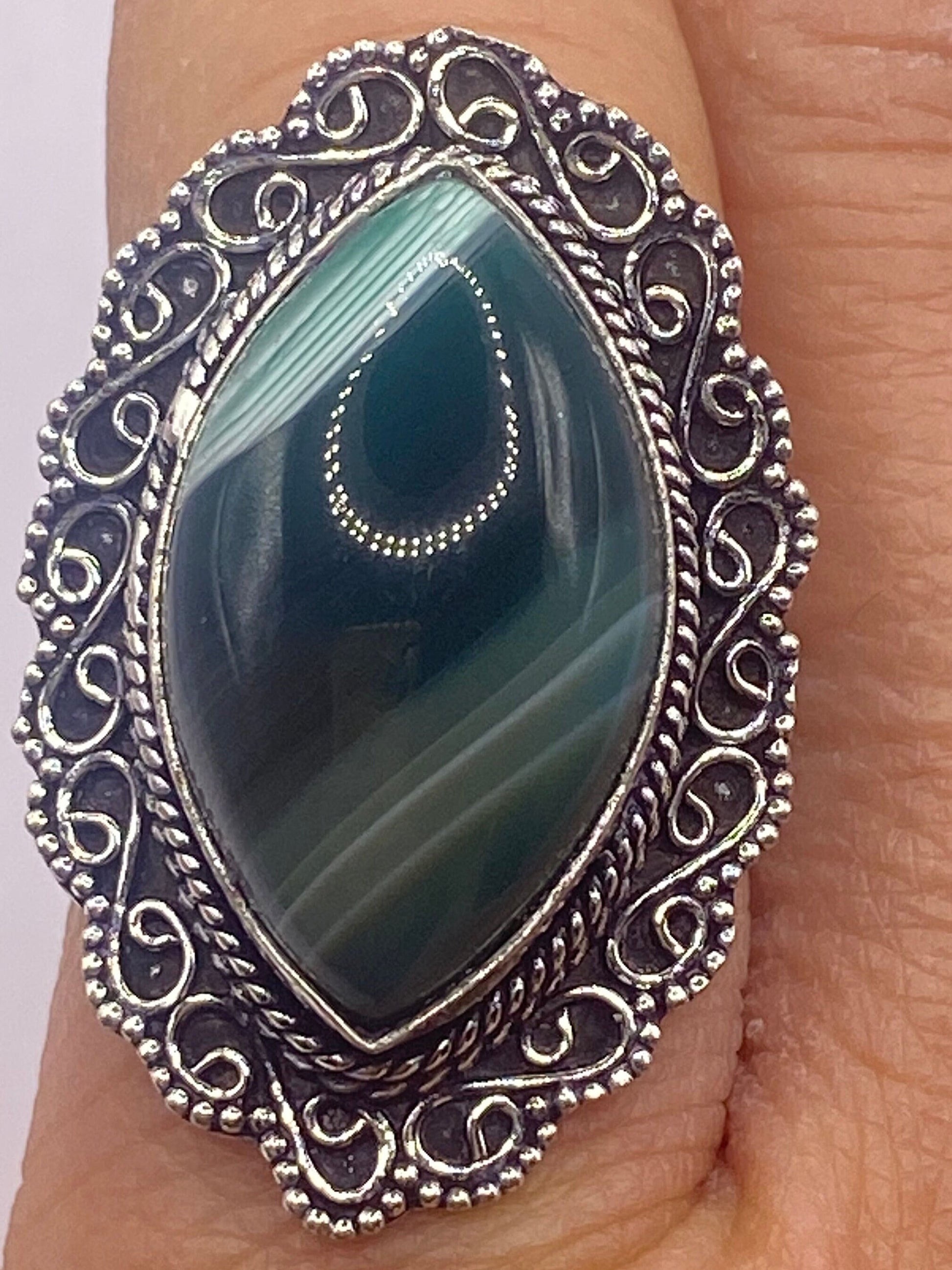 Vintage Green Agate White Bronze Statement Ring