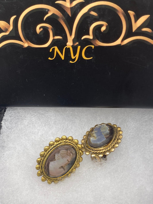 Vintage Abalone Cameo Clip on Earrings