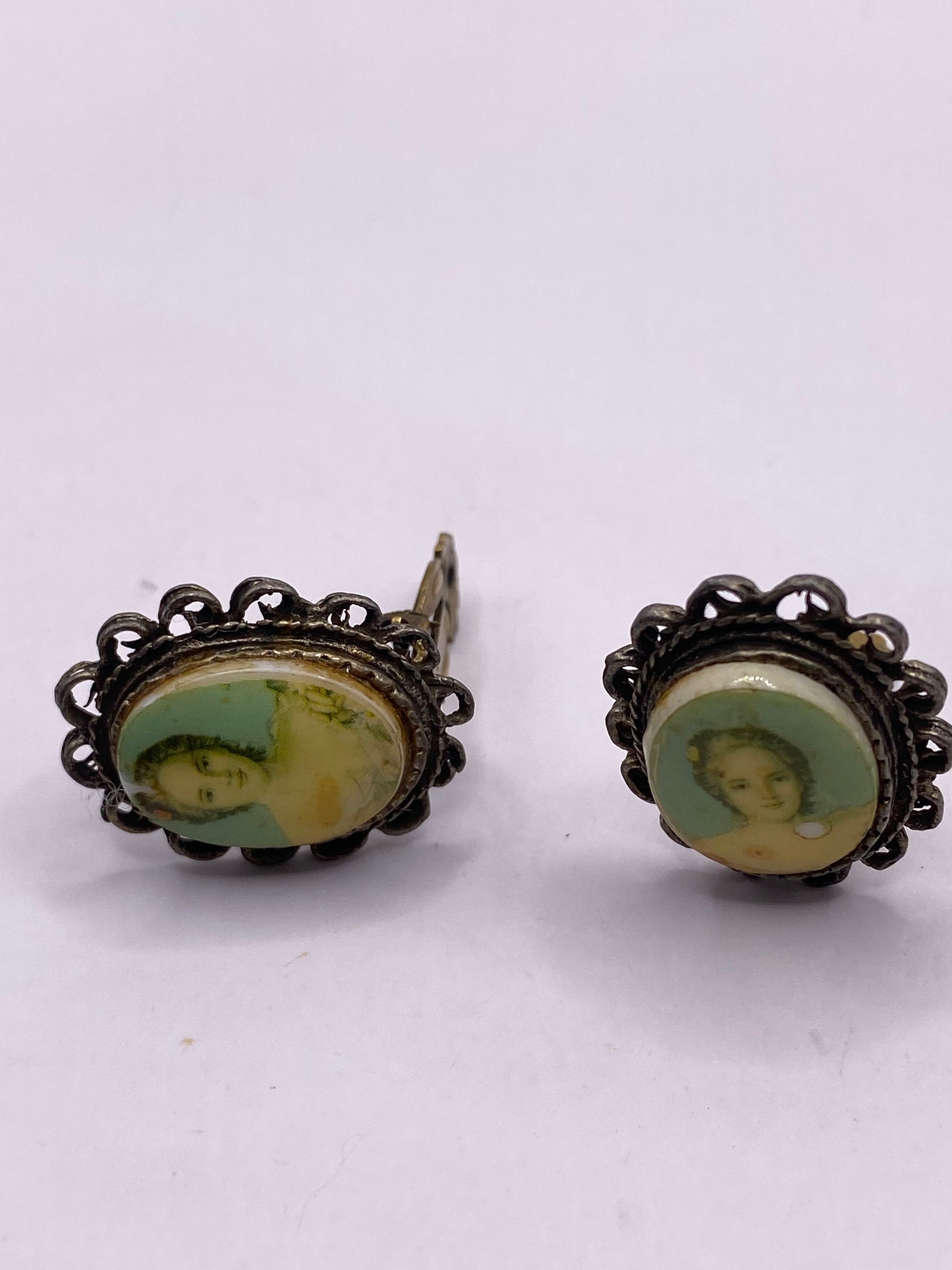 Vintage Abalone Cameo Clip on Earrings