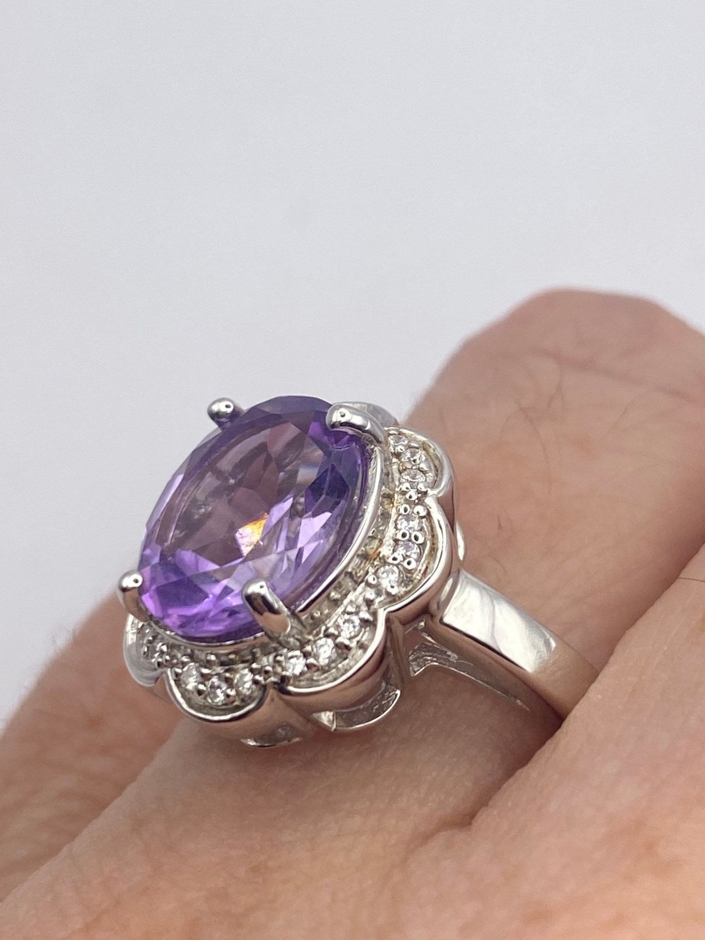 Vintage Purple Amethyst and Diamond Promise Ring Deco 925 Sterling Silver
