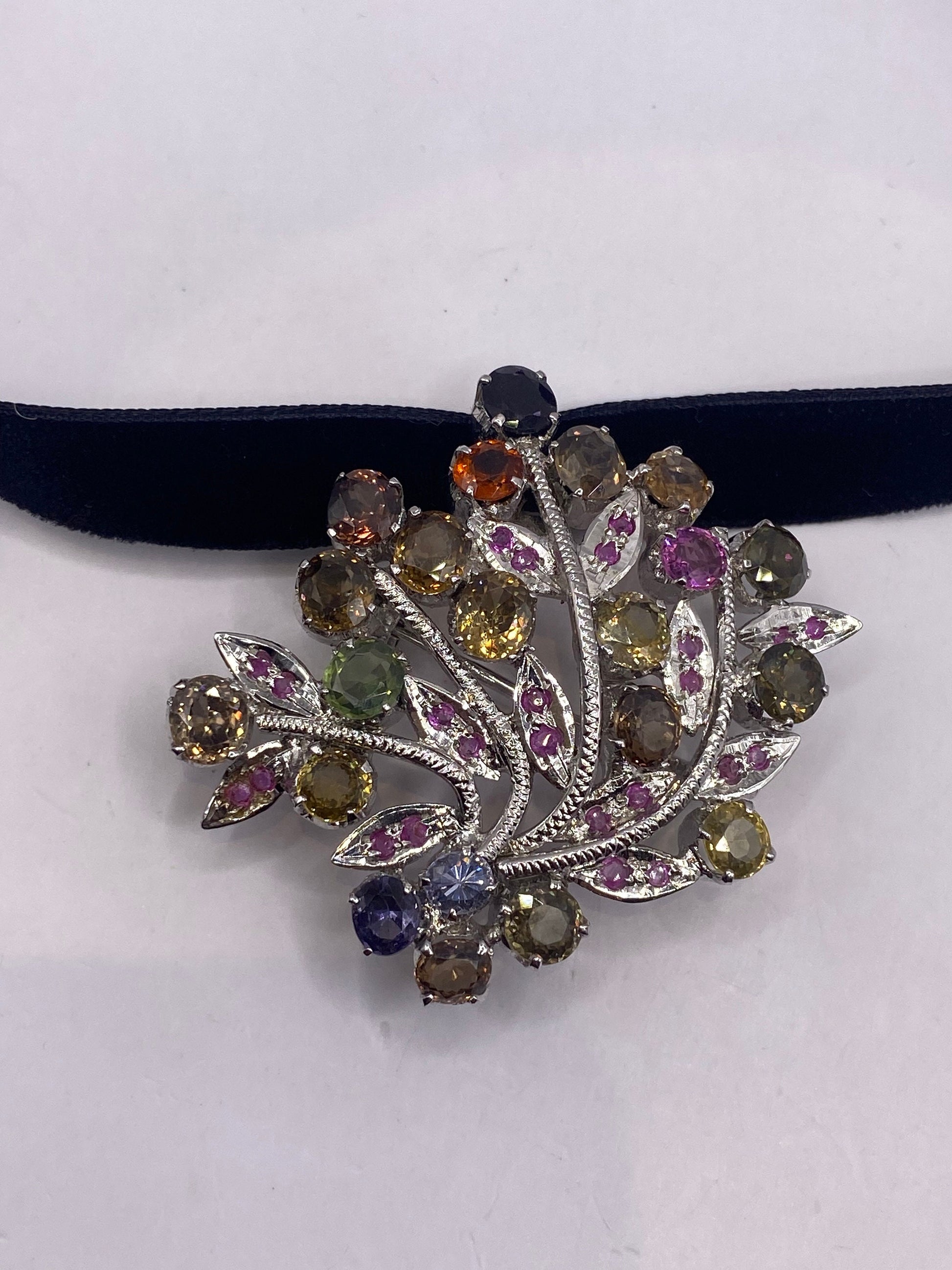 Vintage Genuine Mixed Tourmaline 925 Sterling Silver Choker Brooch
