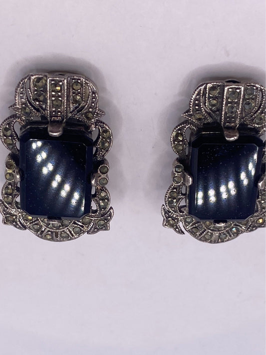 Antique Vintage Marcasite Black Onyx 925 Sterling Silver Clip On Button Earrings