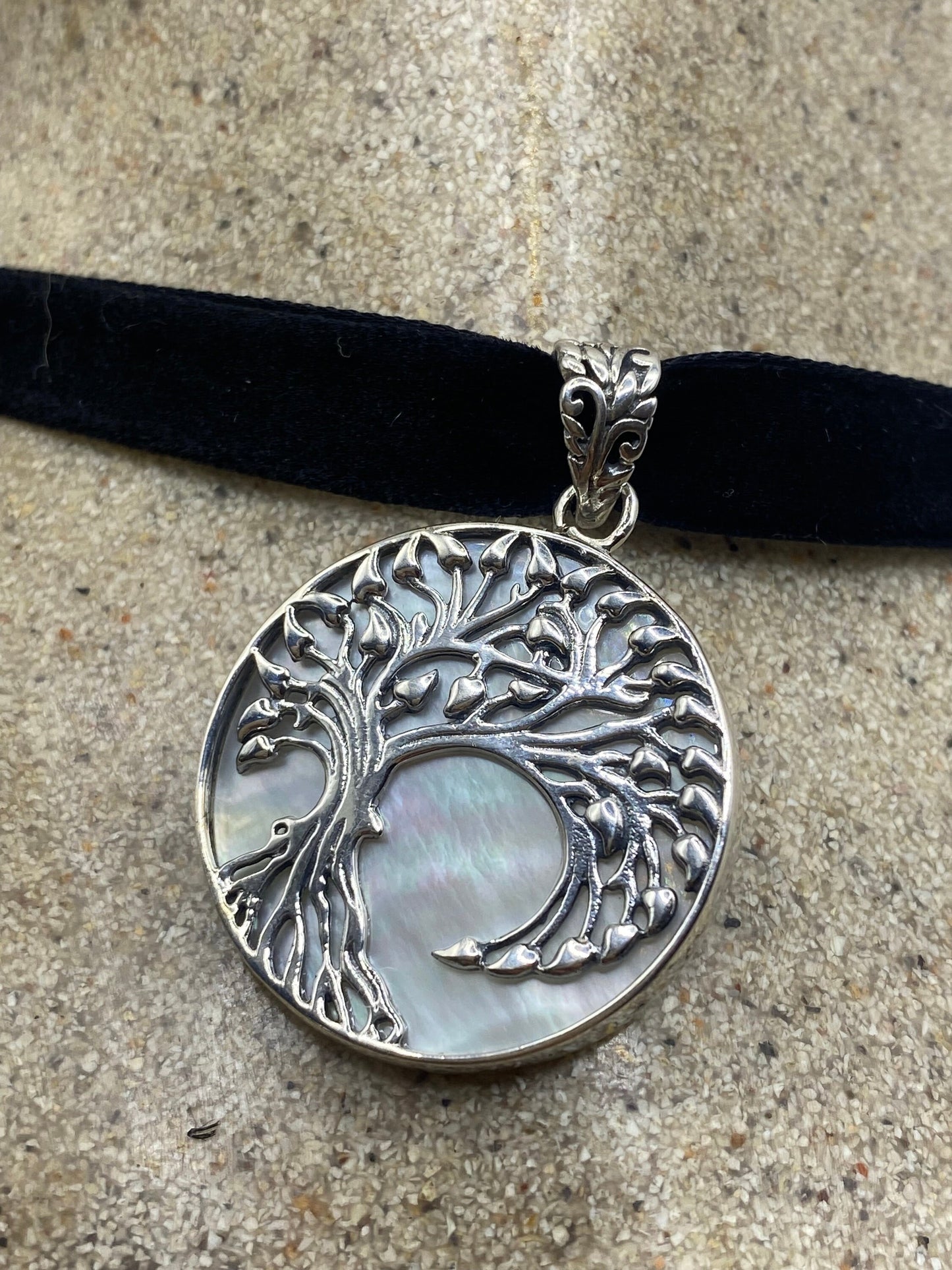Vintage Tree of Life 925 Sterling Silver Mother of Pearl Pendant Necklace
