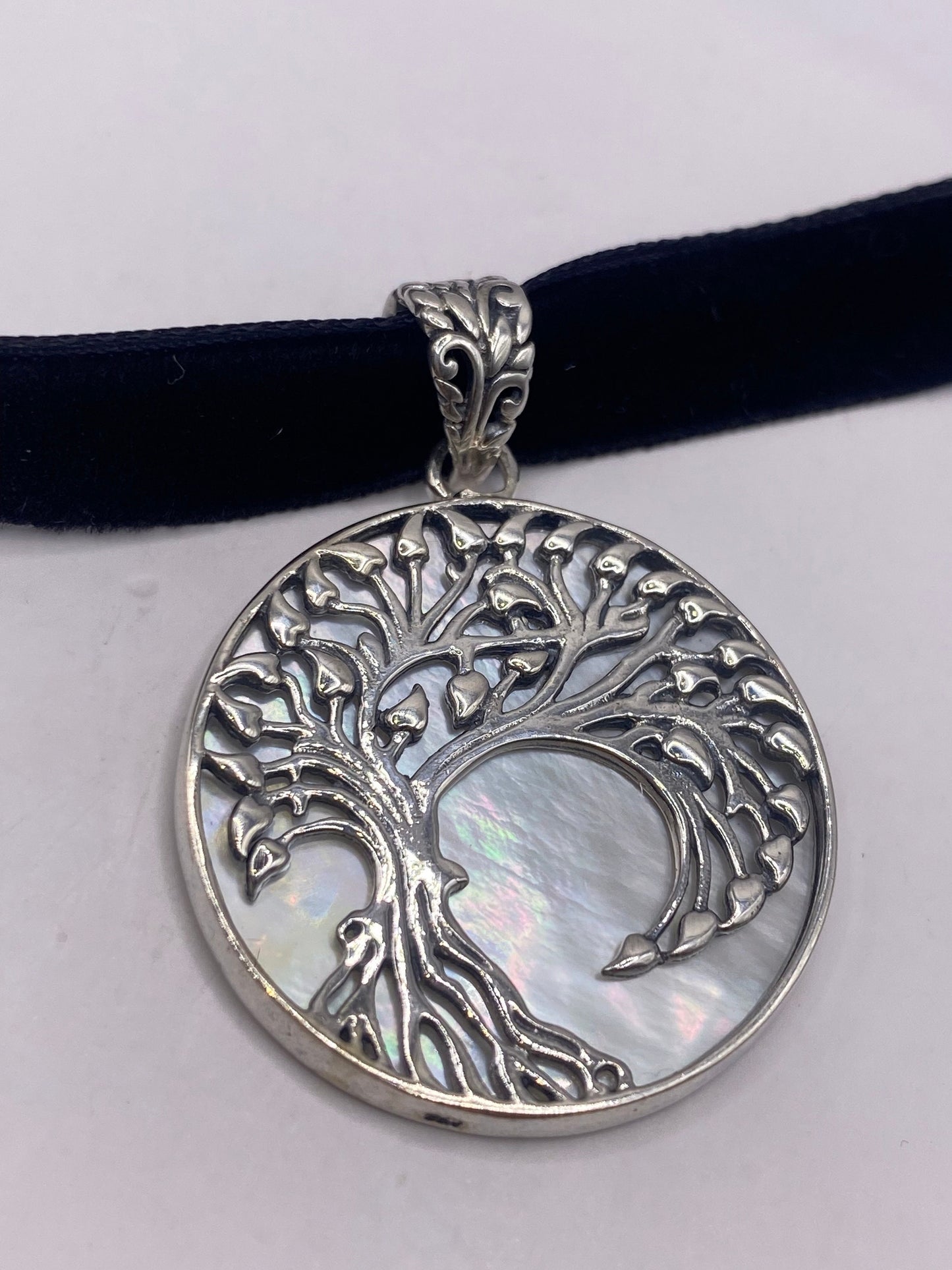 Vintage Tree of Life 925 Sterling Silver Mother of Pearl Pendant Necklace