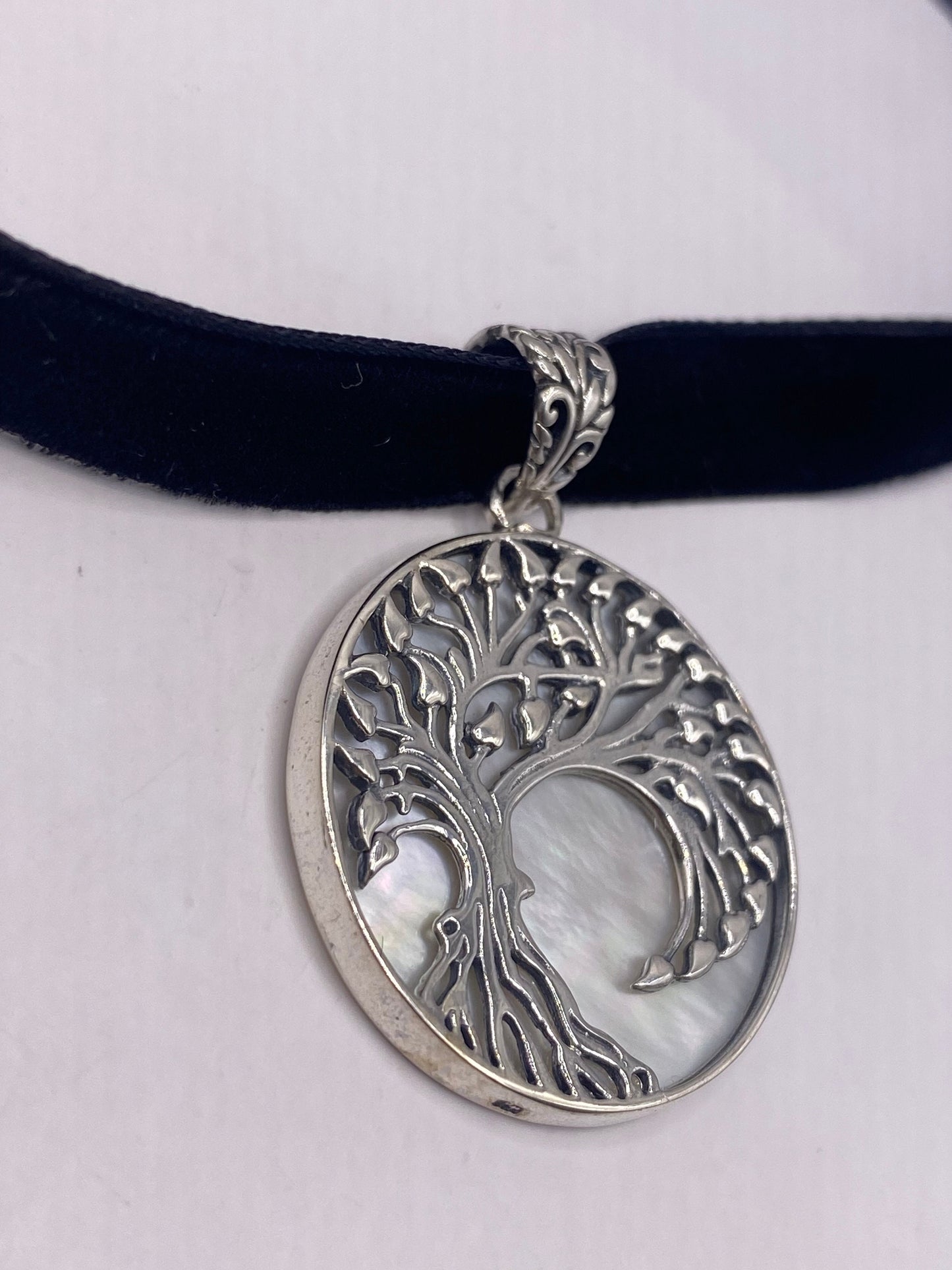 Vintage Tree of Life 925 Sterling Silver Mother of Pearl Pendant Necklace
