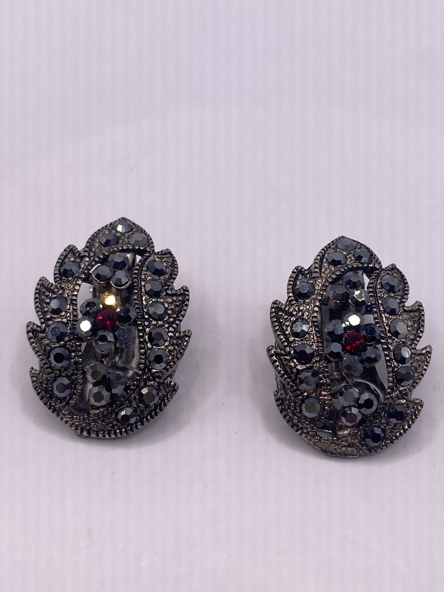 Vintage Black Onyx and Jet Silver Clip On Button Earrings