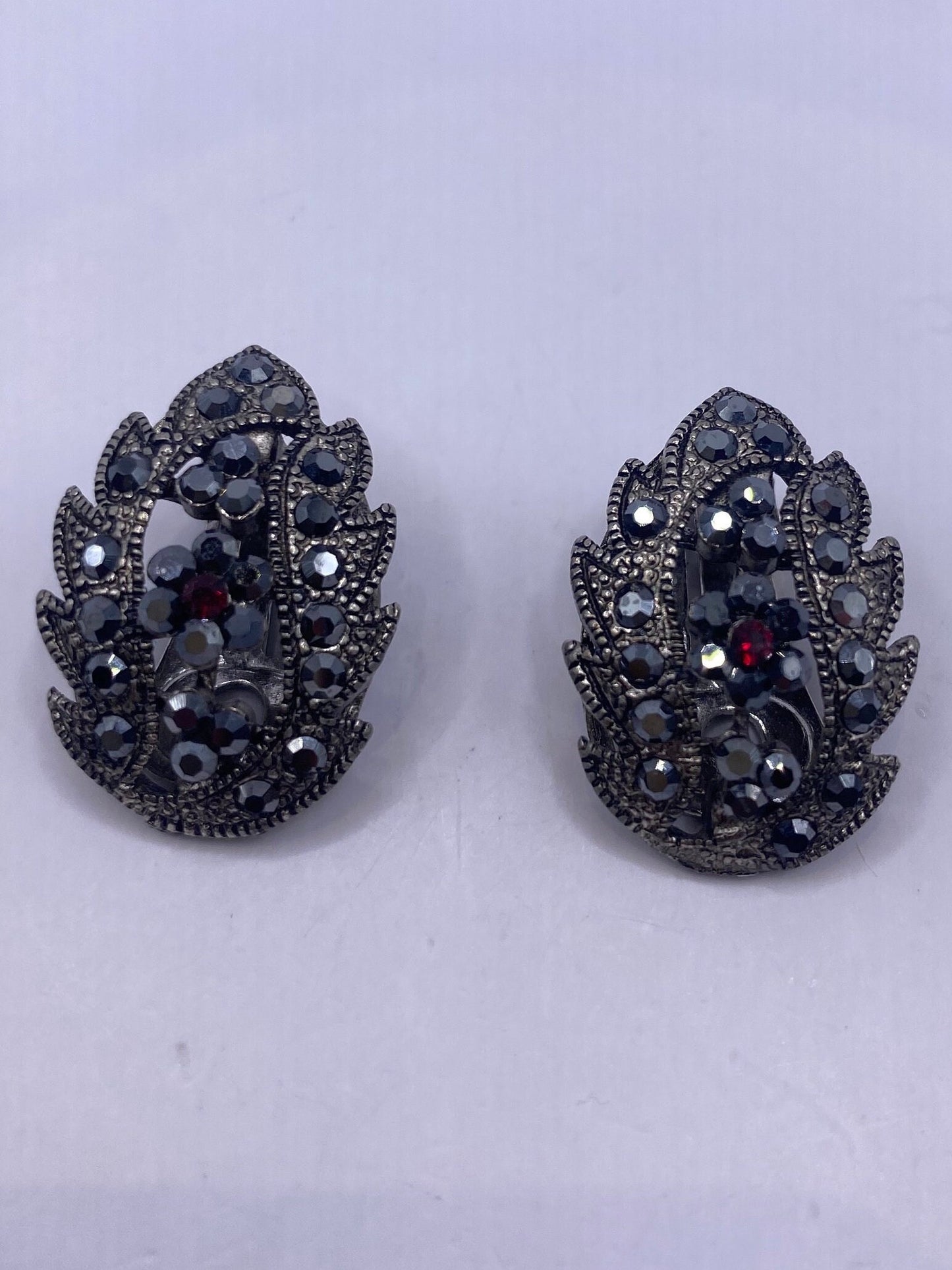 Vintage Black Onyx and Jet Silver Clip On Button Earrings