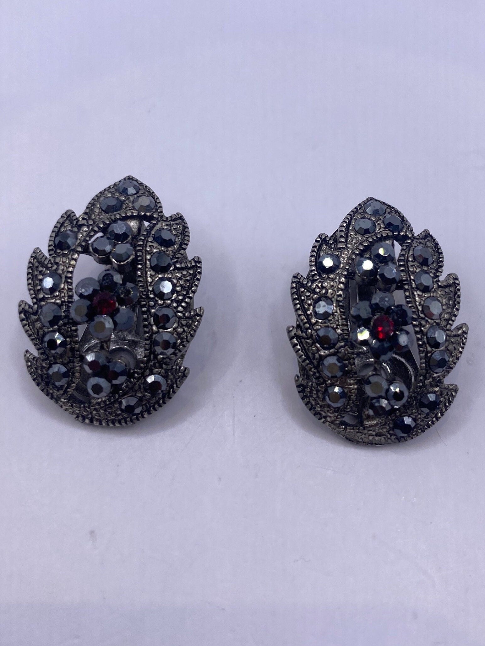 Vintage Black Onyx and Jet Silver Clip On Button Earrings