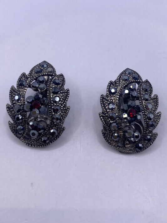 Vintage Black Onyx and Jet Silver Clip On Button Earrings