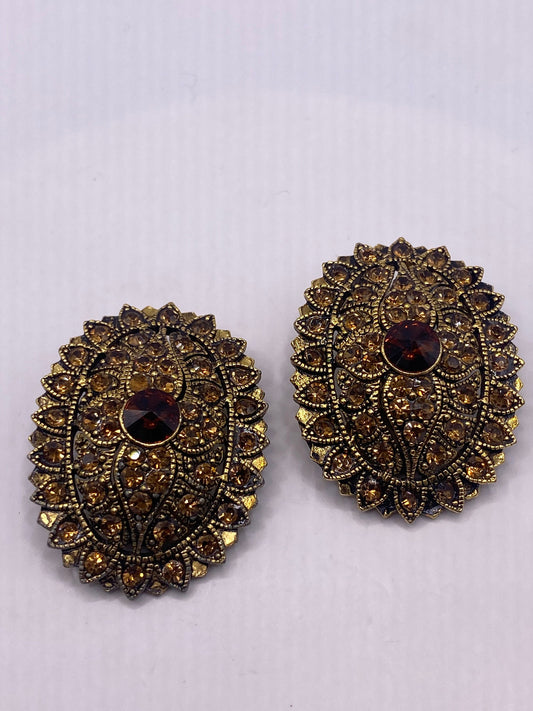Vintage Gold Crystal Clip On Button Earrings