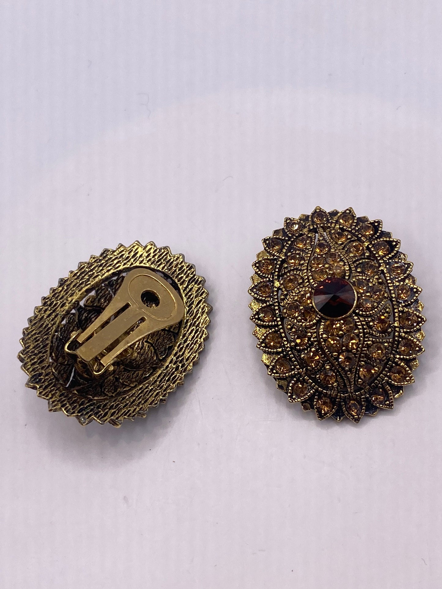 Vintage Gold Crystal Clip On Button Earrings