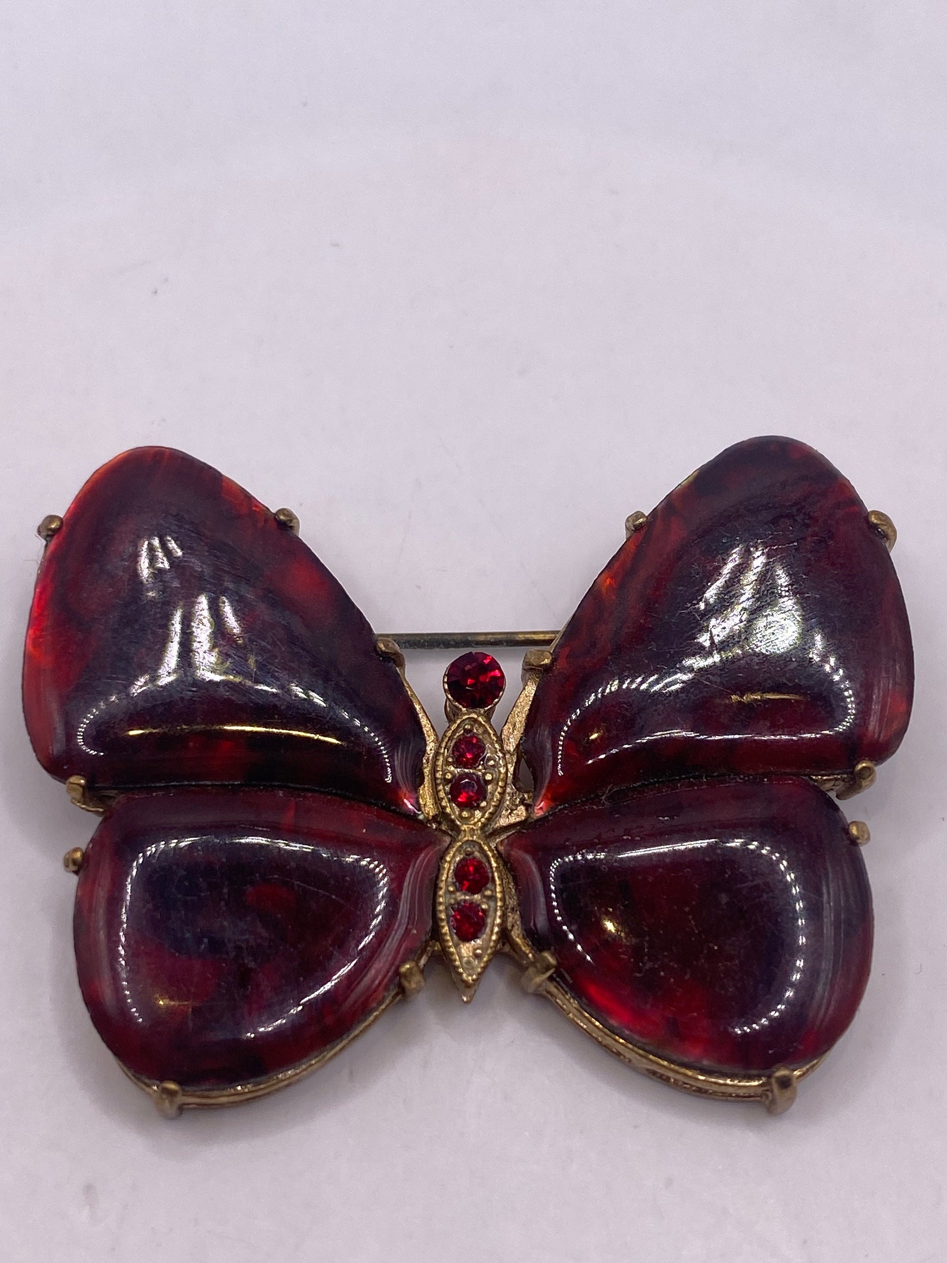 Vintage Abalone Crystal Red Finished Butterfly Broach