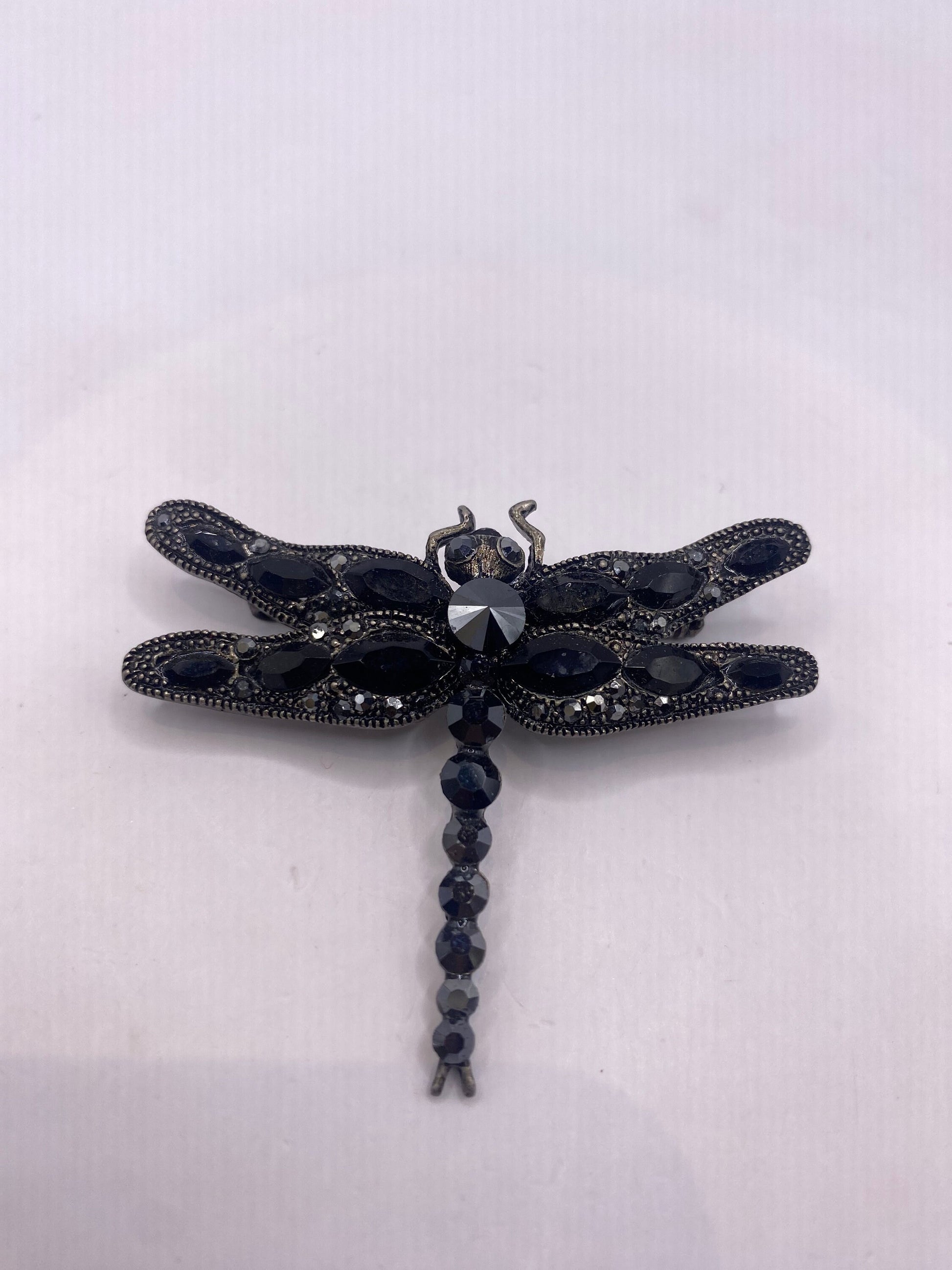 Vintage Black Jet Austrian Crystal Dragonfly pin