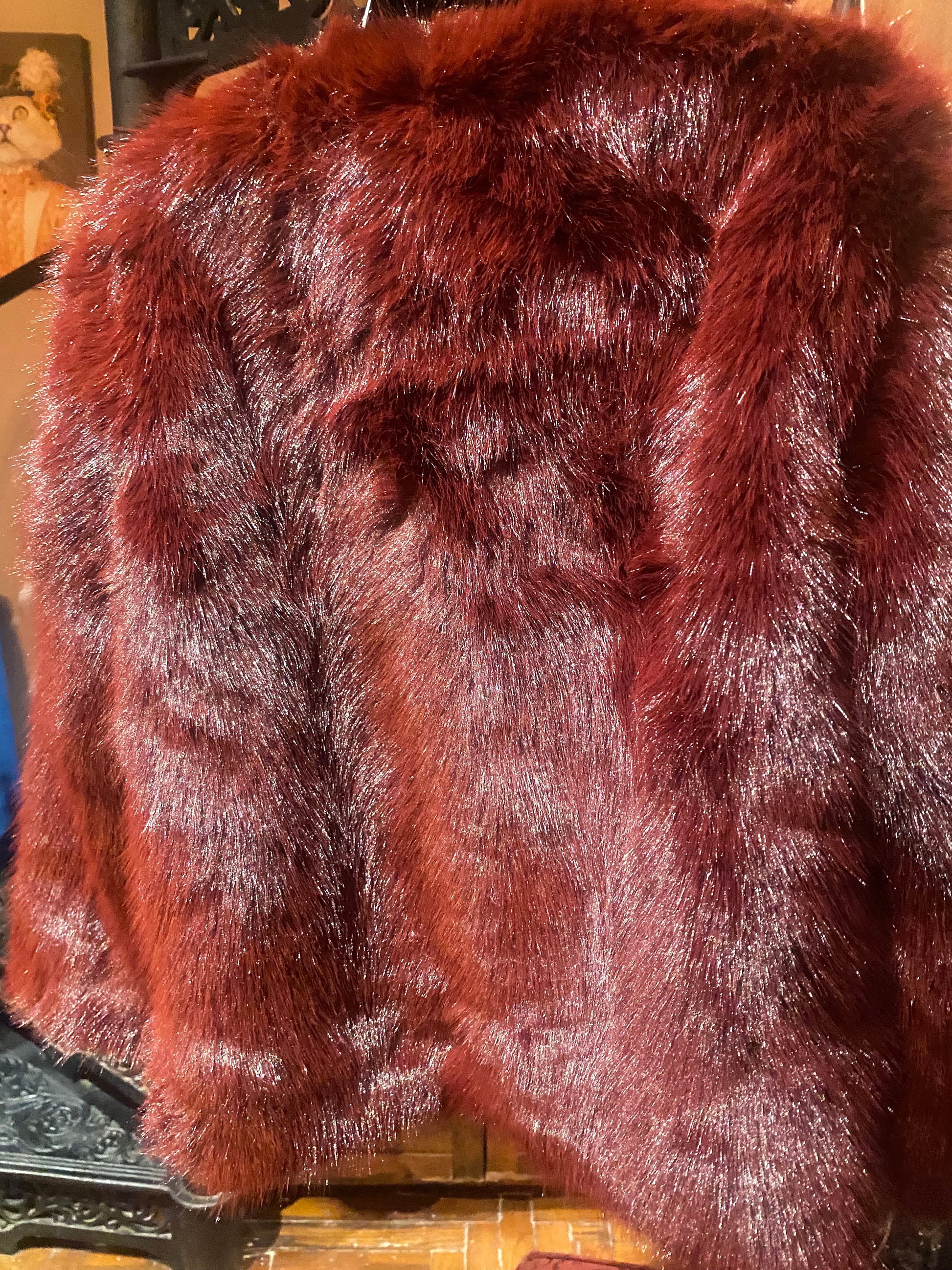 Vintage Style Boho Antique Burgundy Colored Faux Mink Fur Stole Wrap Coat
