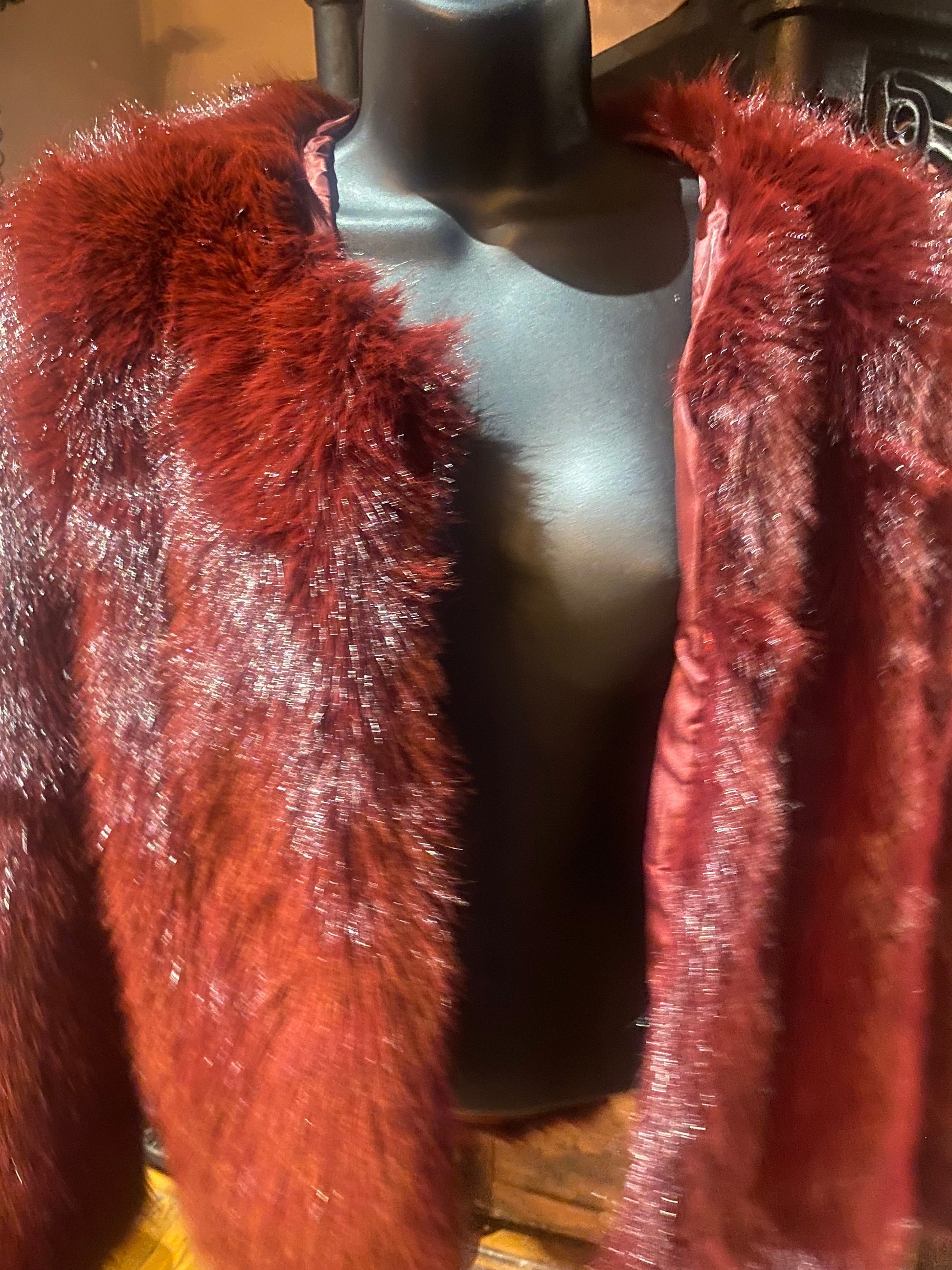 Vintage Style Boho Antique Burgundy Colored Faux Mink Fur Stole Wrap Coat