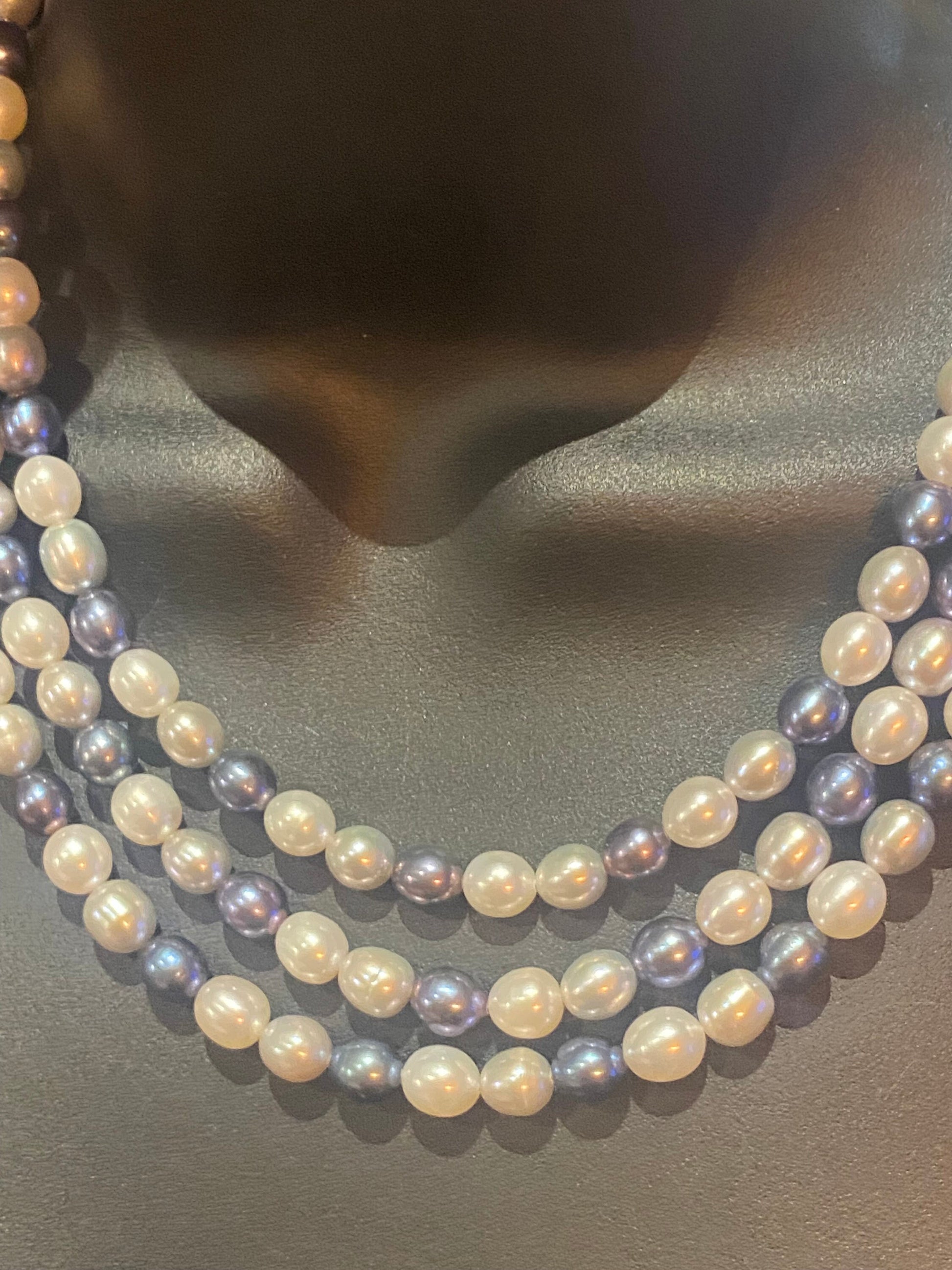 Vintage Cream Pink Black Pearl 3 Strand 16-18 in Necklace