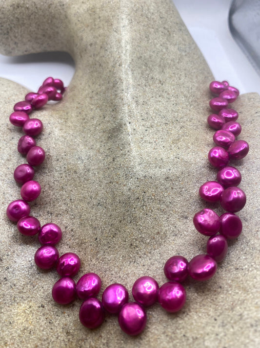 Vintage Magenta Pink Genuine Fresh Water Pearl Necklace 18 inch