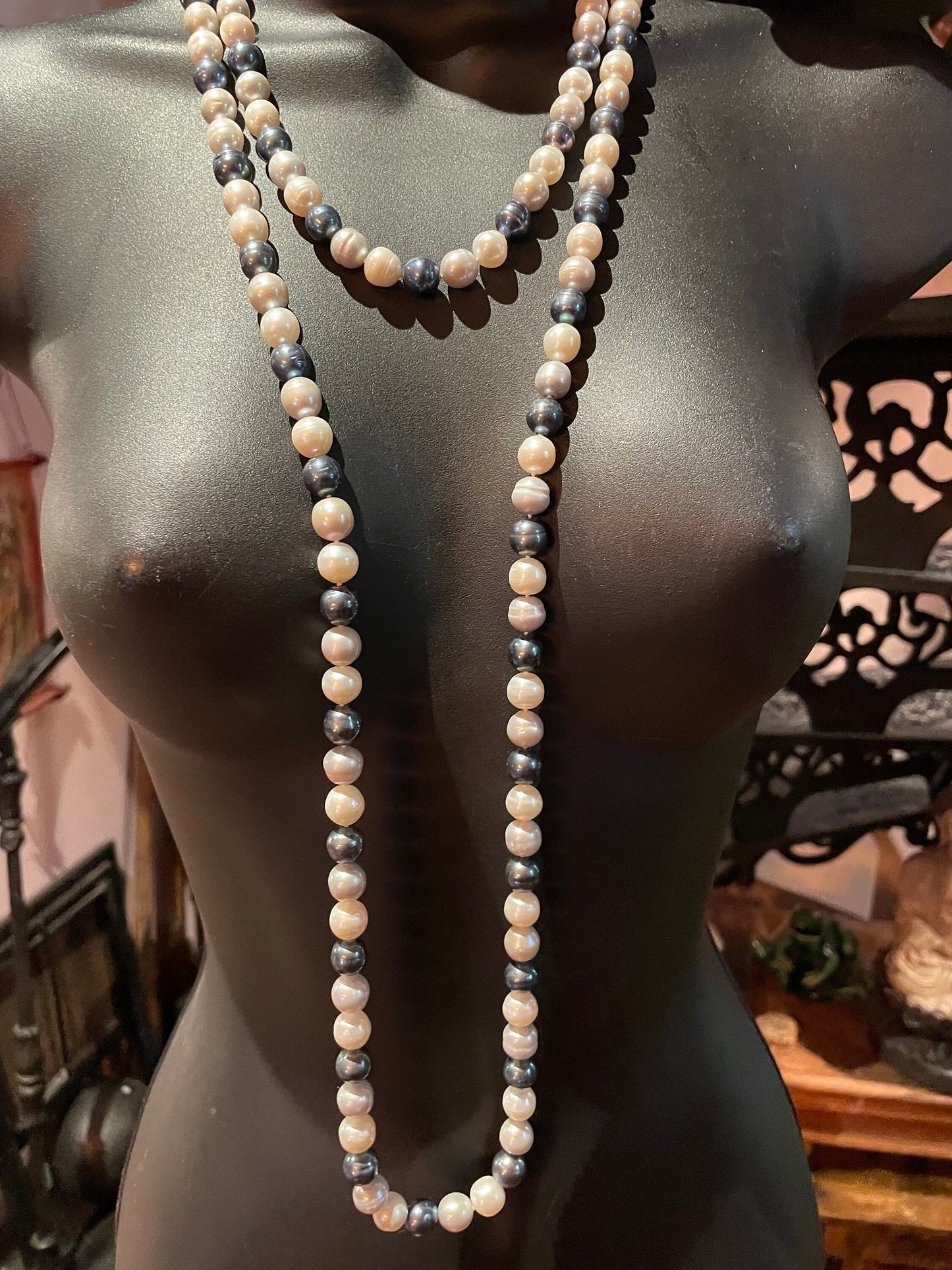 Vintage Cream and Black Pearl 60 inch Necklace