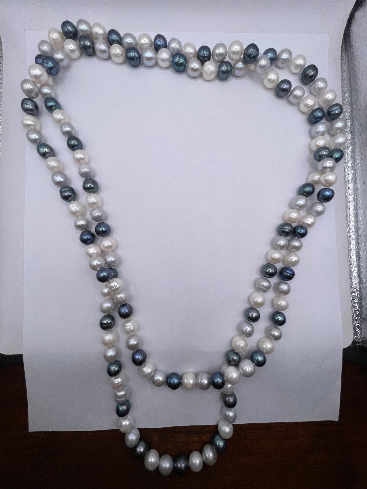 Vintage Cream and Black Pearl 60 inch Necklace