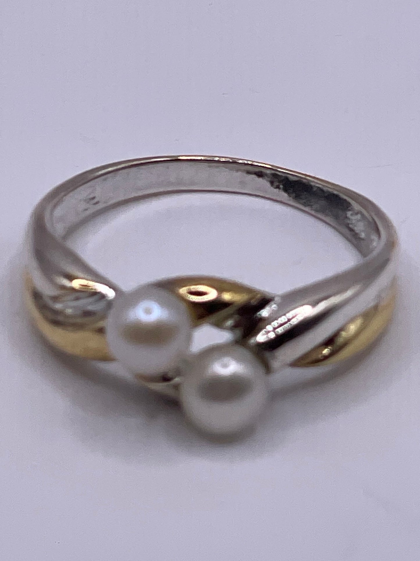 Vintage Genuine Cultured Pearl Golden 925 Sterling Silver Ring