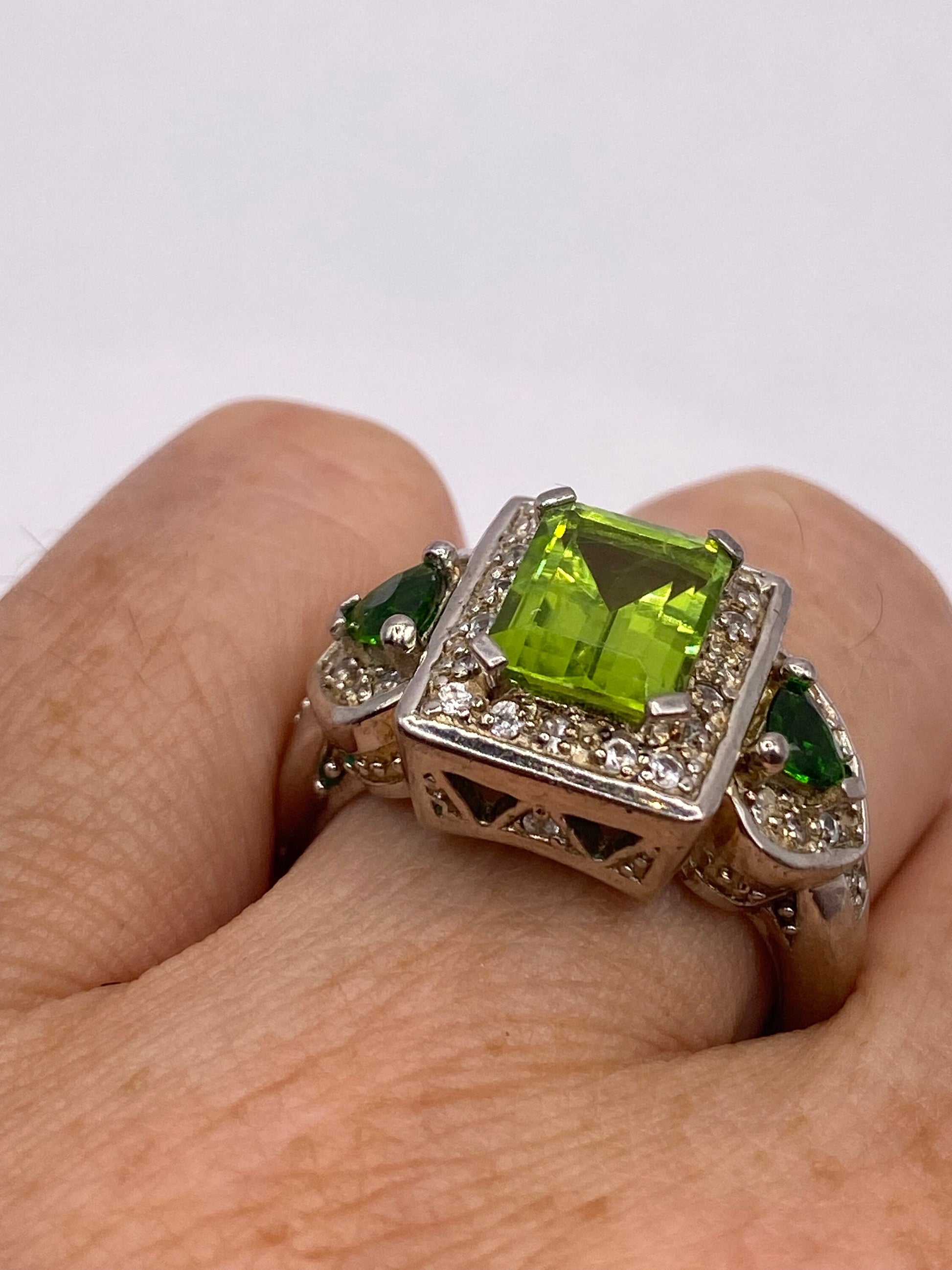 Vintage Green Chrome Diopside and Peridot Filigree 925 Sterling Silver Cocktail Ring