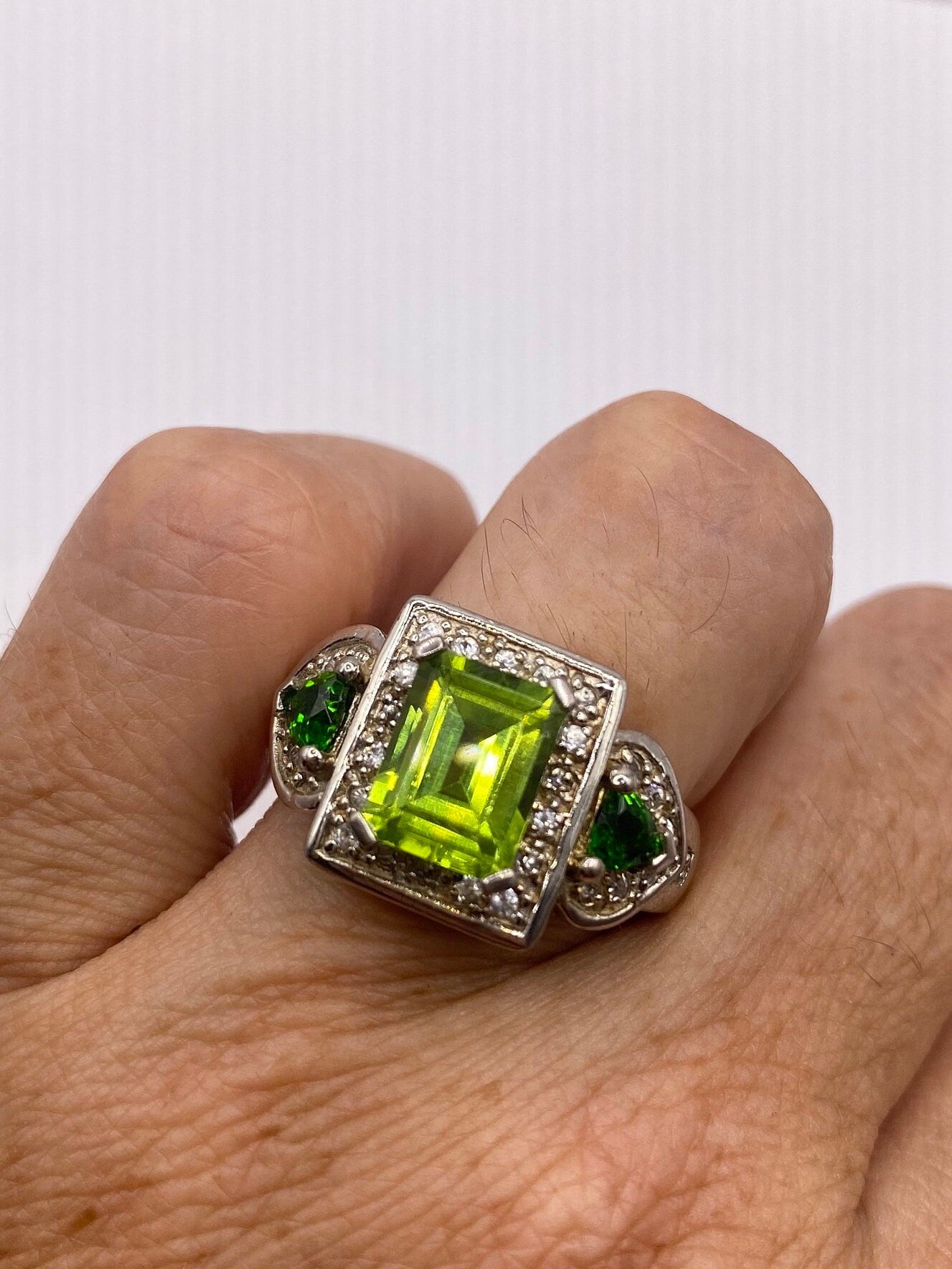 Vintage Green Chrome Diopside and Peridot Filigree 925 Sterling Silver Cocktail Ring