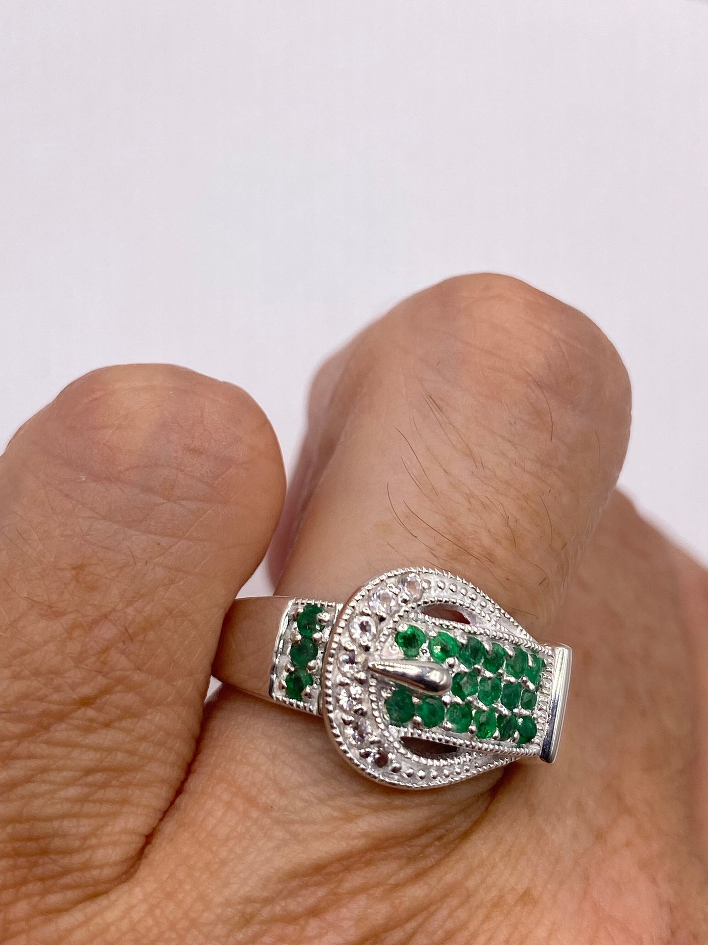 Vintage Green Emerald 925 Sterling Silver Buckle Ring