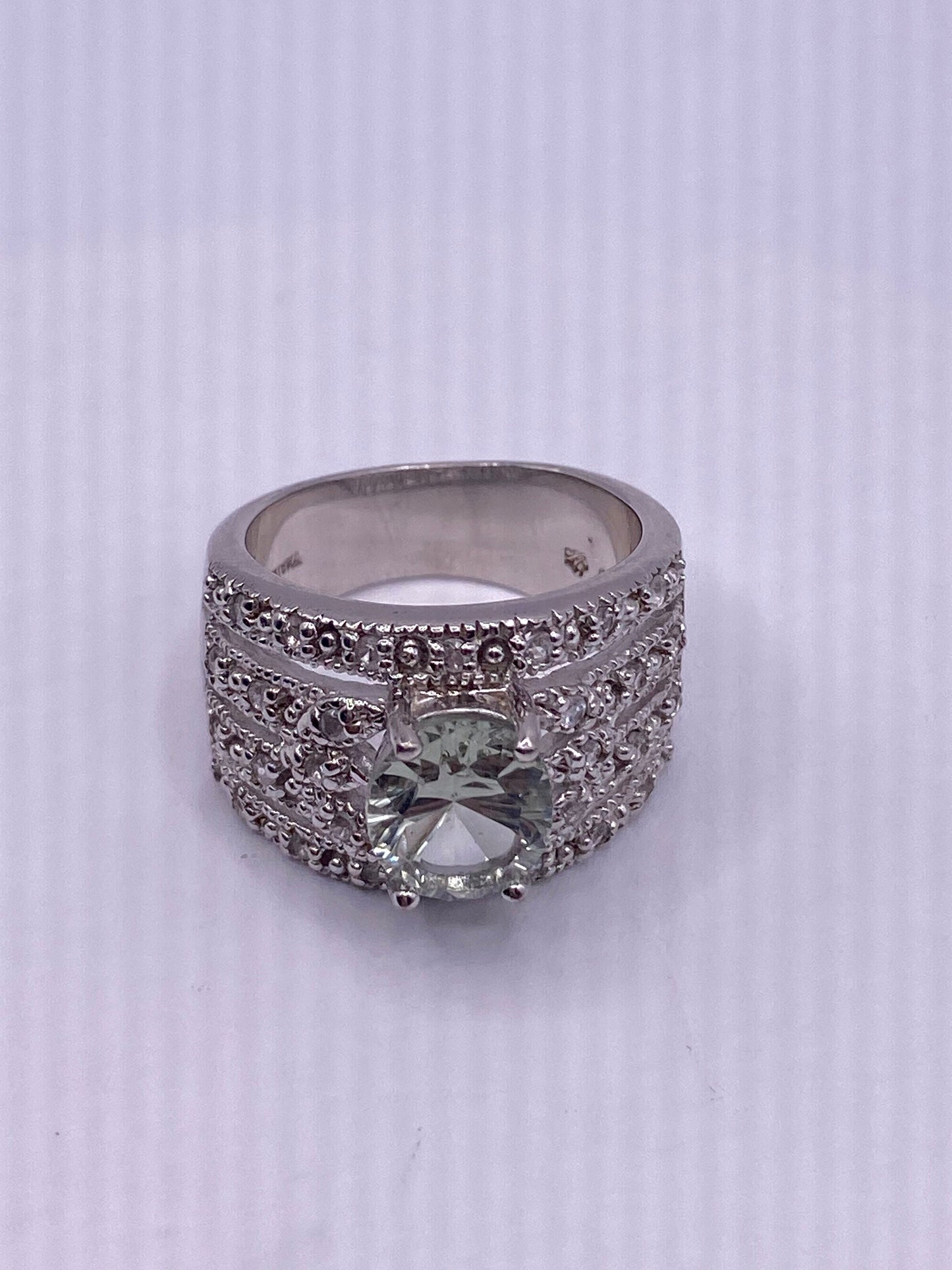 Vintage Handmade Genuine Green Amethyst White Sapphire 925 Sterling Silver Gothic Ring