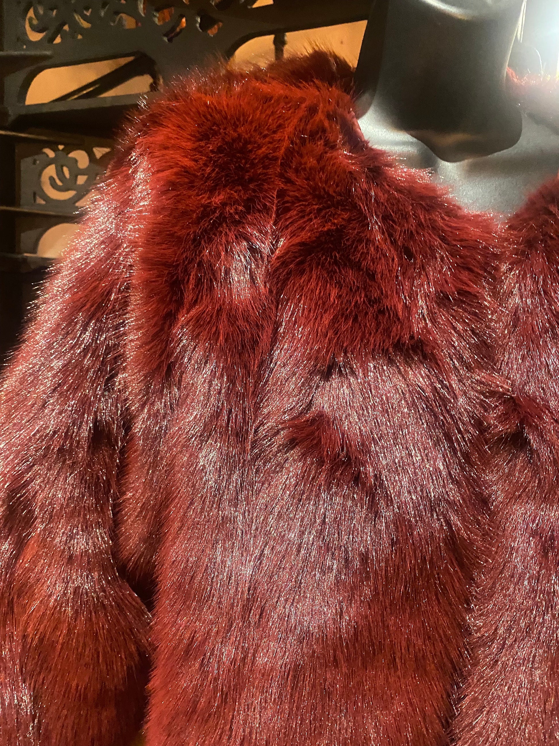 Vintage Style Boho Antique Burgundy Colored Faux Mink Fur Stole Wrap Coat