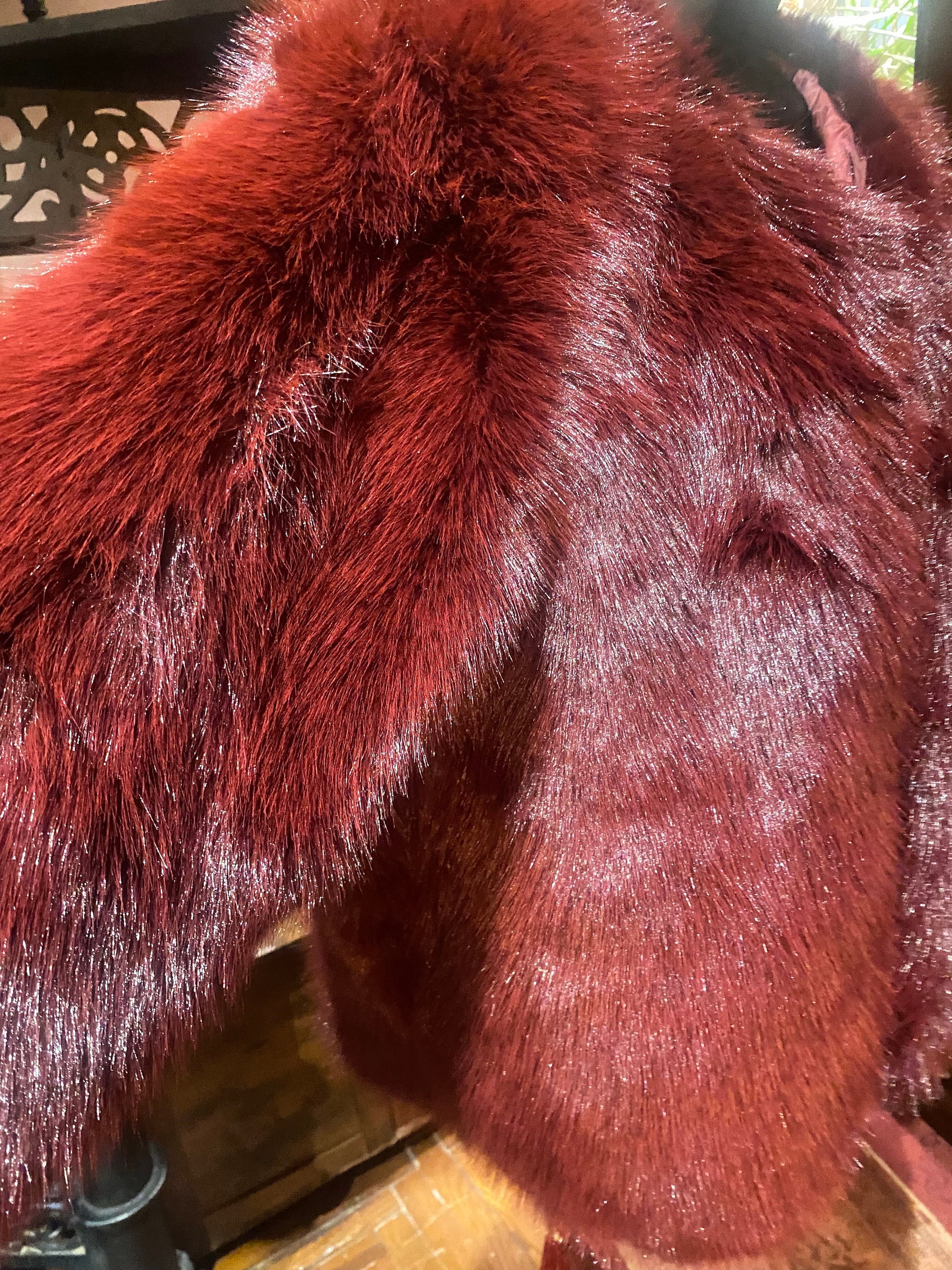 Vintage Style Boho Antique Burgundy Colored Faux Mink Fur Stole Wrap Coat