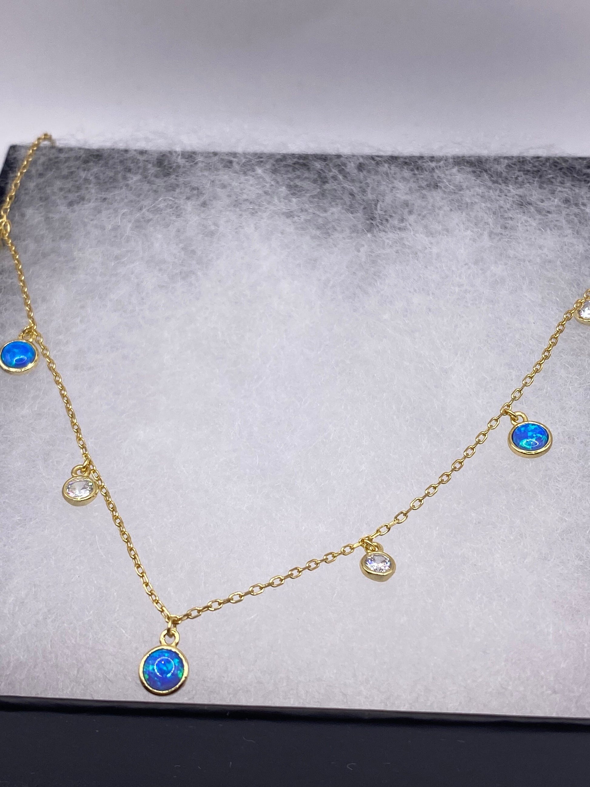 Vintage Blue Fire Opal Choker 925 Sterling Silver Pendant Necklace