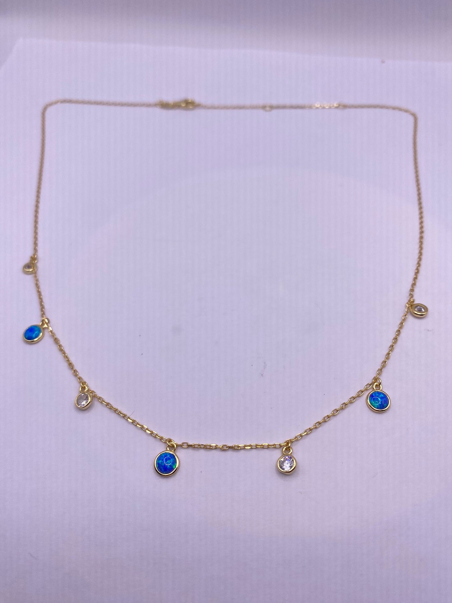 Vintage Blue Fire Opal Choker 925 Sterling Silver Pendant Necklace