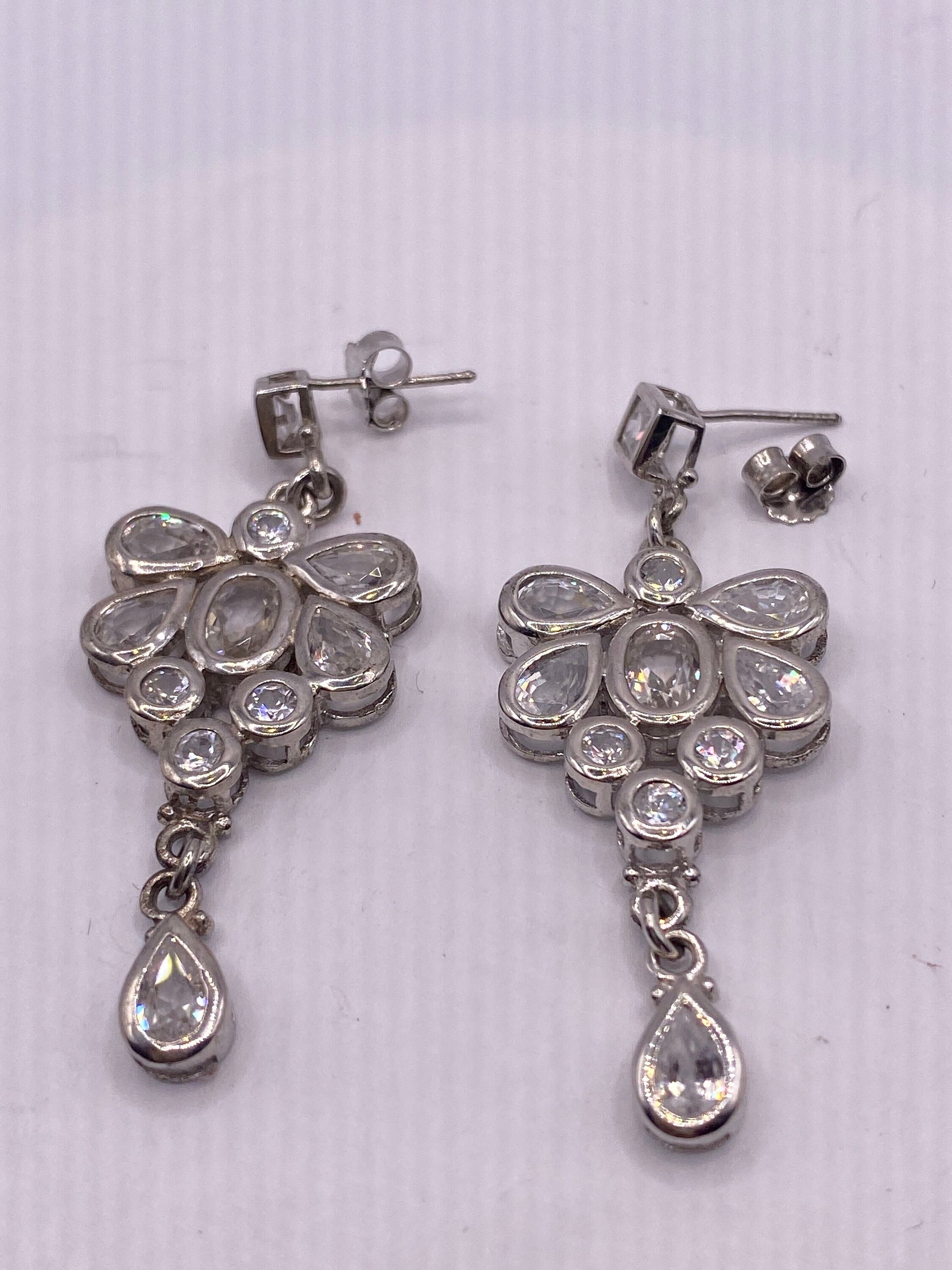 Vintage White Sapphire 925 Sterling Silver Dangle Chandelier Earrings