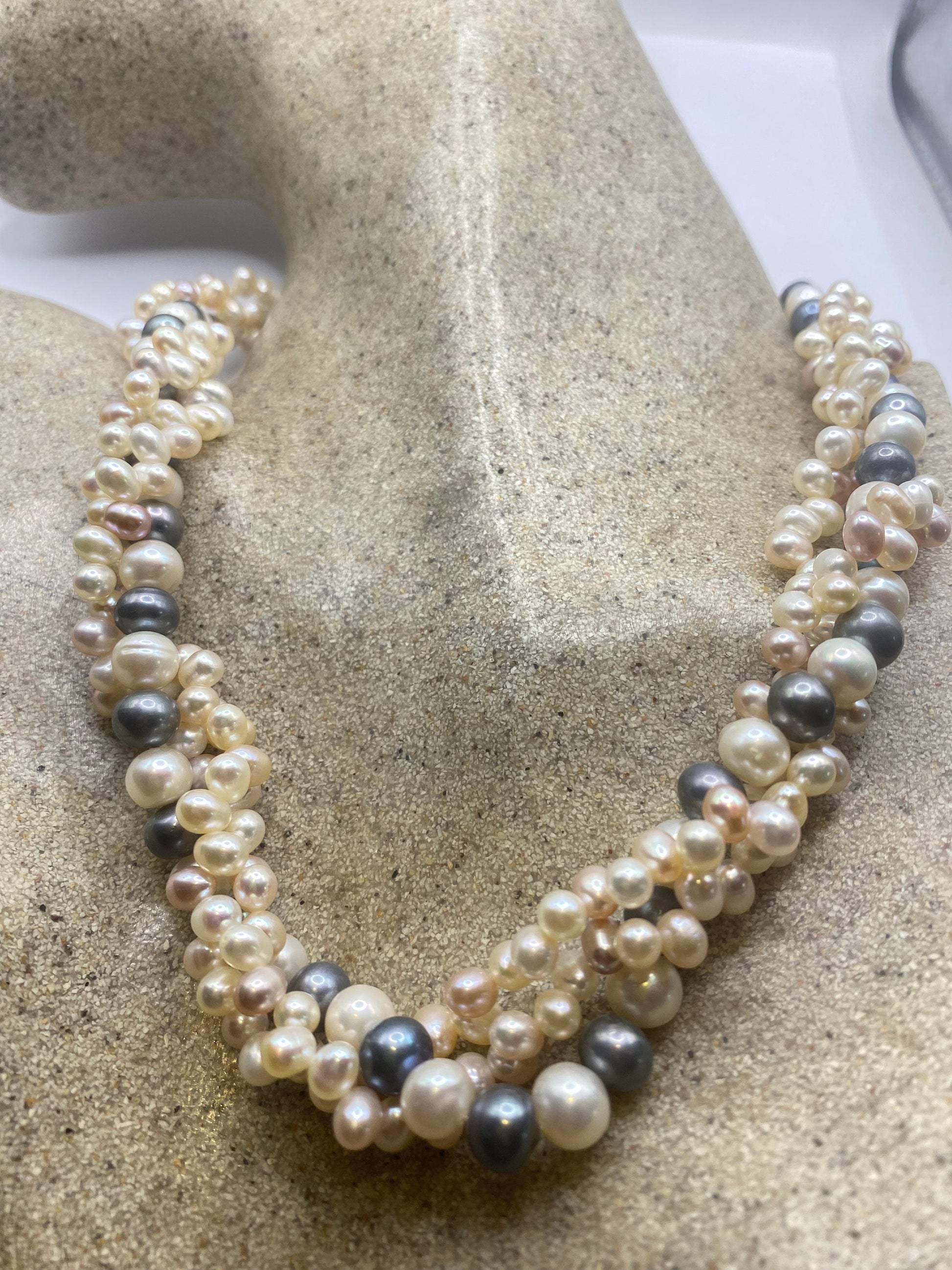 Vintage Cream Pink Grey Pearl 18 in Necklace