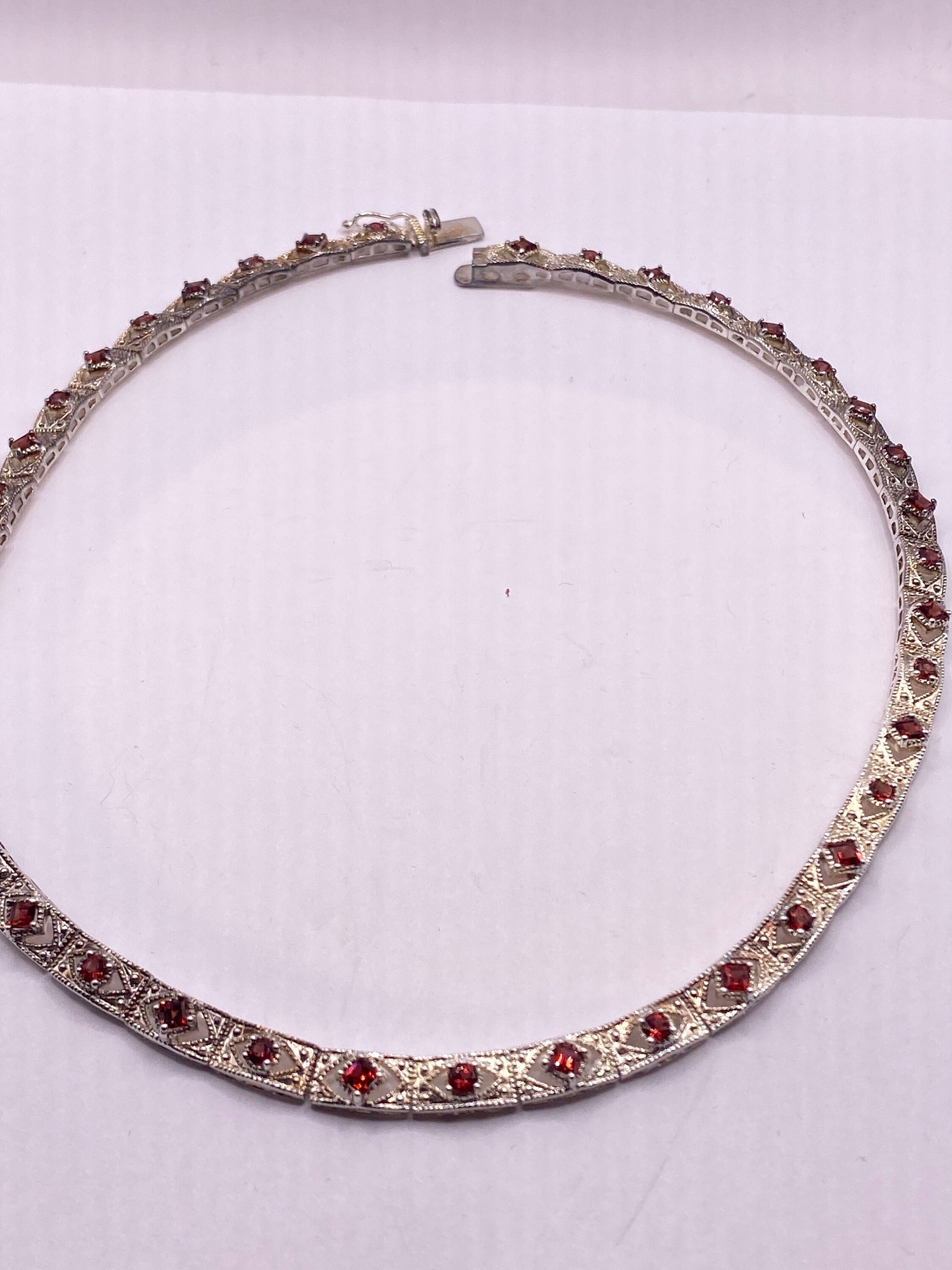 Vintage 925 Sterling Silver Red Garnet Necklace