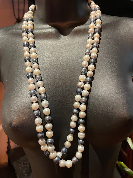 Vintage Cream and Black Pearl 60 inch Necklace