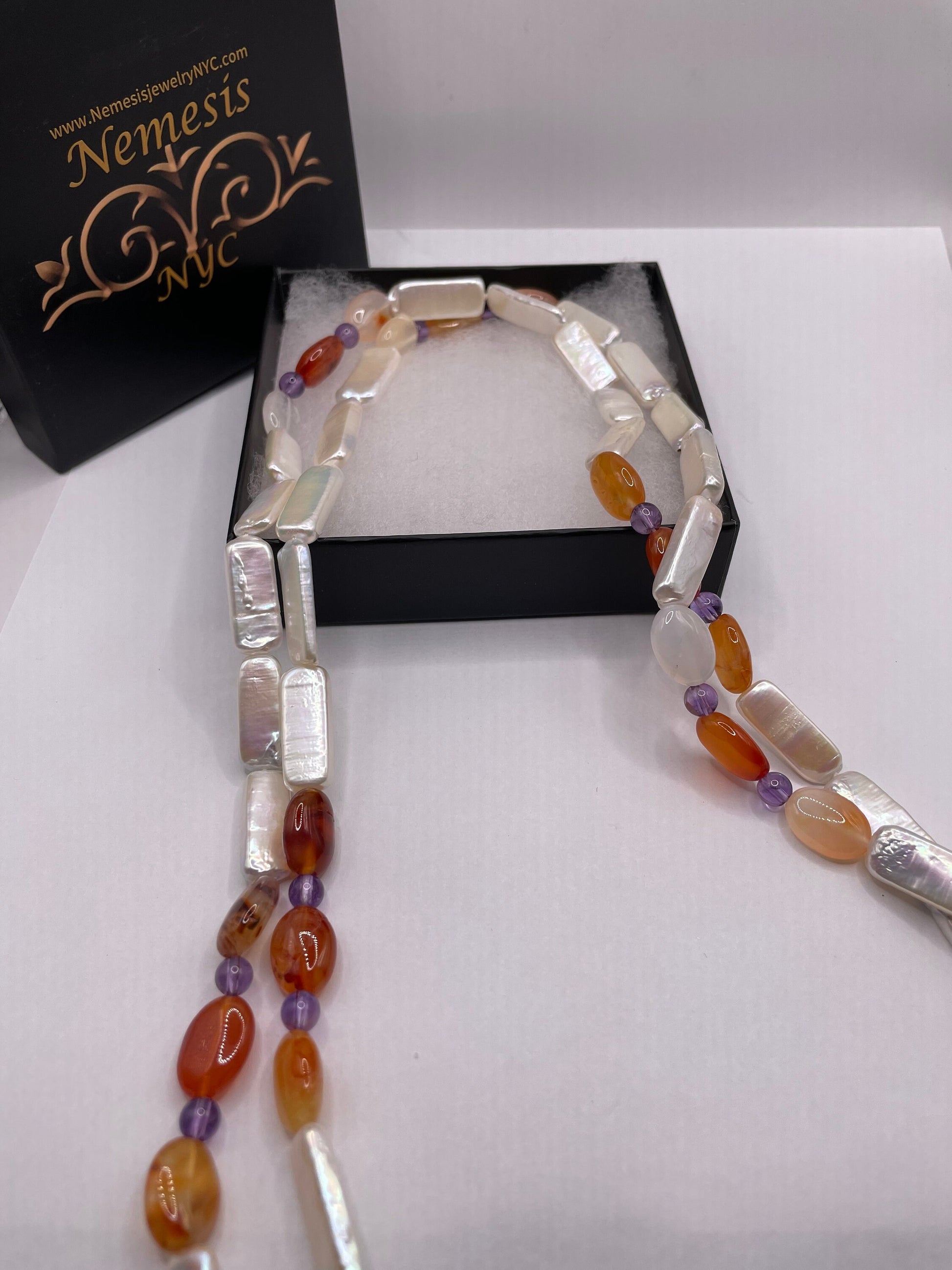 Vintage Cream Pearl and Carnelian 60 inch Necklace