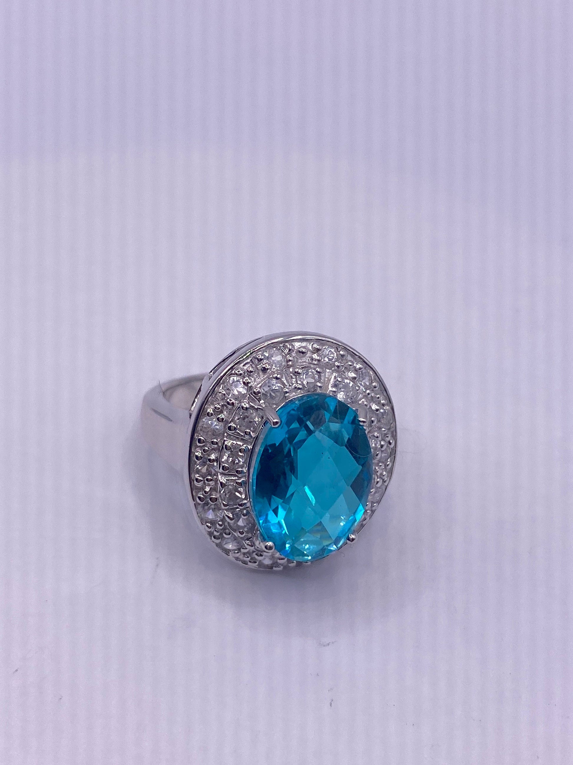 Vintage Blue Fluorite 925 Sterling Silver Cocktail Ring Size 5.75
